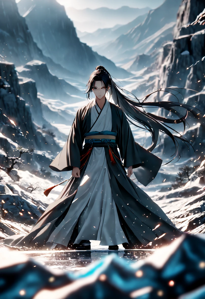 SFW, masterpiece, ground level shot, extreme long shot, highly detailed, best quality, scene of a  emperor boy with long dark hair showcasing martial arts, 1boy, solo, fierce eyes, chinese clothes, long ponytail, long hair, black hanfu clothing, black hair, bangs, brown eyes, sash, flowing clothes, mountains landscape, fantasy theme, xianxia theme, cold color, cinematic lighting, particles effect, fighting movement effect, ray tracing, depth of field, 8k,