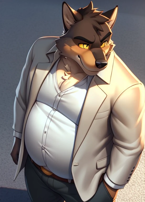 mr wolf, belly, fat, overweight male, weight gain, obese, (overweight:2.0), solo, shirt, open shirt, exposed belly, focus on belly, stomach, long sleeves, standing, white jacket, white shirt, male focus, open clothes, collared shirt, belt, pants, open jacket, formal, suit, brown jacket, brown belt, body fur, grey pants, brown pants, yellow sclera, two-tone fur, by zackarry911, by zaush, (by personalami:0.5), (soft shading), 4k, hi res, detailed eyes, high angle view