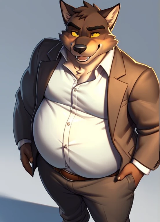 mr wolf, belly, fat, overweight male, weight gain, obese, (overweight:2.0), solo, shirt, open shirt, exposed belly, focus on belly, stomach, long sleeves, standing, white jacket, white shirt, male focus, open clothes, collared shirt, belt, pants, open jacket, formal, suit, brown jacket, brown belt, body fur, grey pants, brown pants, yellow sclera, two-tone fur, by zackarry911, by zaush, (by personalami:0.5), (soft shading), 4k, hi res, detailed eyes, high angle view