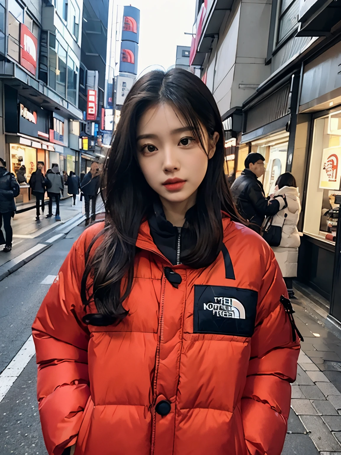 fullbody, (((wearing THE NORTH FACE red Down jacket ))), wearing long red skirt,// Bewitching eyes, well-balanced eyes, //street snap // ((facing viewer)), //at the street in tokyo, //japanese lady, pale skin, //droopy eyes,//permanent wave hair, //((standing)), high quality:1.3, Professional lighting:2.0 realistic:1.2, 4k resolution, detailed skin, masterpiece:1.1