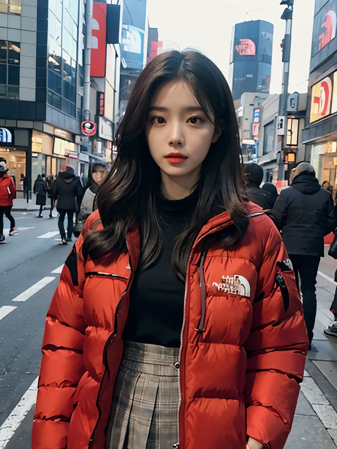 fullbody, (((wearing THE NORTH FACE red Down jacket ))), wearing long red skirt,// Bewitching eyes, well-balanced eyes, //street snap // ((facing viewer)), //at the street in tokyo, //japanese lady, pale skin, //droopy eyes,//permanent wave hair, //((standing)), high quality:1.3, Professional lighting:2.0 realistic:1.2, 4k resolution, detailed skin, masterpiece:1.1