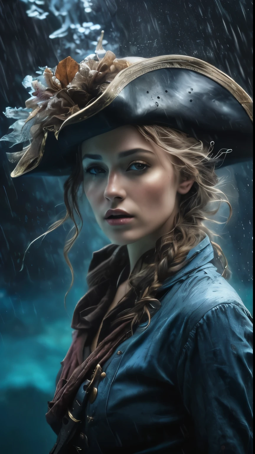 arafed woman in a pirate hat in the rain, pirate portrait, fantasy genre portrait, pirate woman, fantasy portrait, female pirate captain, fantasy art portrait, fantasy portrait art, epic fantasy art portrait, fantasy character portrait, highly detailed vfx portrait of, fantasy concept art portrait, closeup portrait shot, cinematic portrait, beautiful fantasy art portrait, cinematic realistic portrait