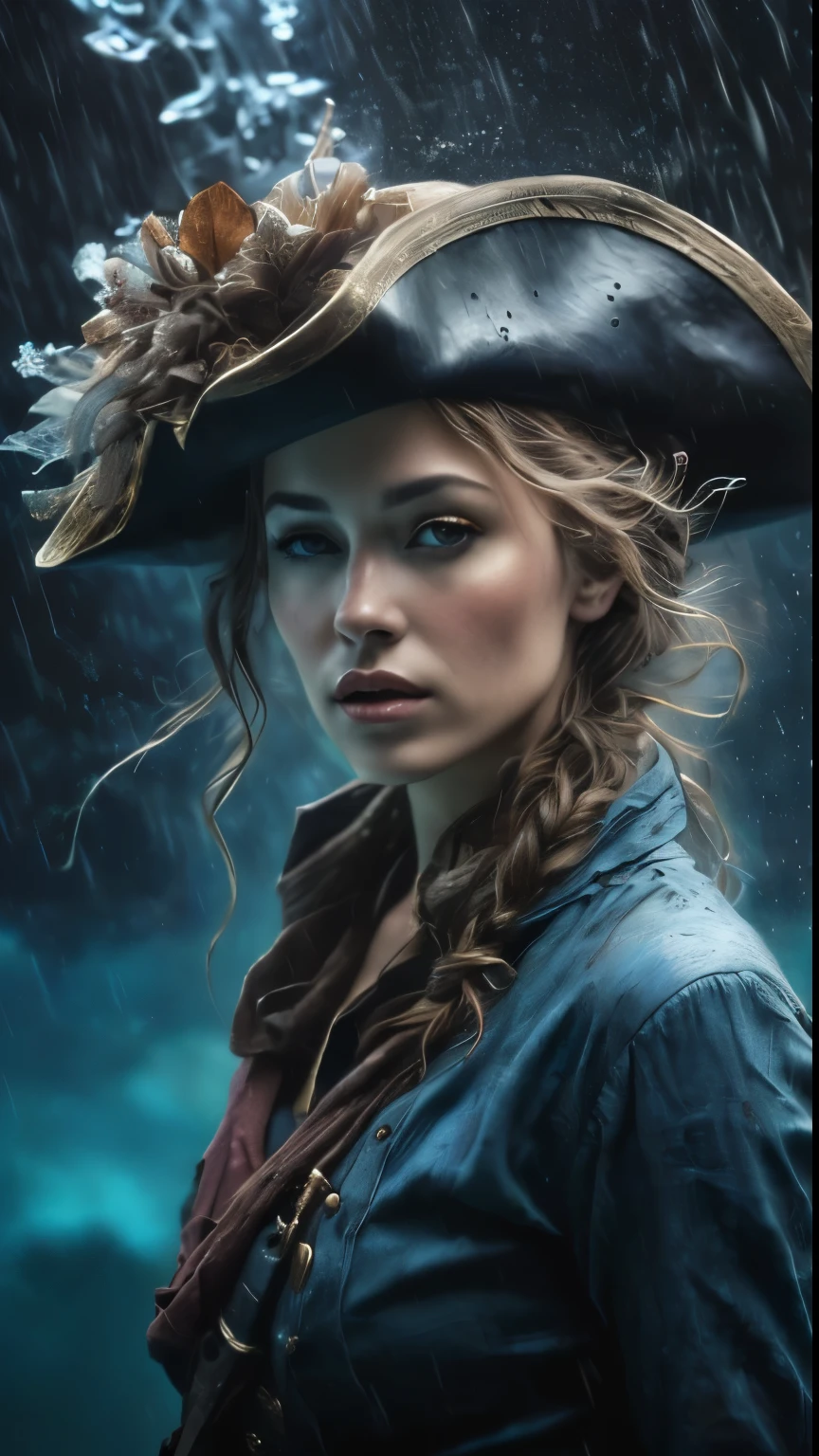 arafed woman in a pirate hat in the rain, pirate portrait, fantasy genre portrait, pirate woman, fantasy portrait, female pirate captain, fantasy art portrait, fantasy portrait art, epic fantasy art portrait, fantasy character portrait, highly detailed vfx portrait of, fantasy concept art portrait, closeup portrait shot, cinematic portrait, beautiful fantasy art portrait, cinematic realistic portrait