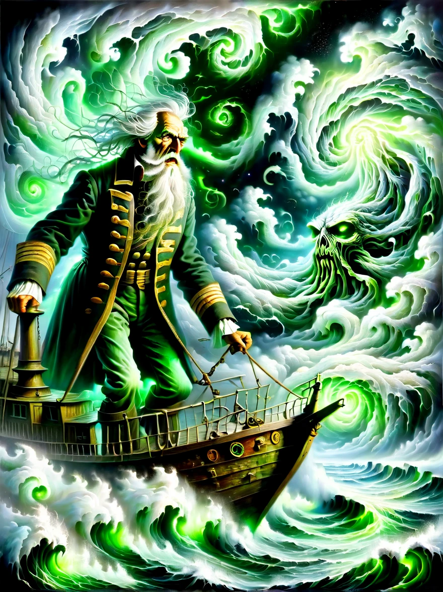 A detailed oil painting,((Depicts an old captain steering his ship through a storm))。Salt water splashed on his weathered face,His eyes are full of determination。((Above, swirling malevolent clouds can be seen)),Rough waves threaten to swamp ships,while seagulls dive and swirl among the chaotic landscape。Thunder and lights are heard in the distance,illuminates the scene with an eerie green glow。