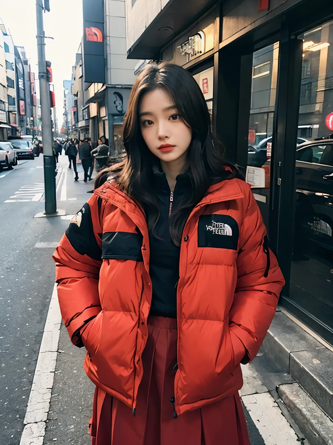 fullbody, (((wearing THE NORTH FACE red Down jacket ))), wearing long red skirt,// Bewitching eyes, well-balanced eyes, //street snap // ((facing viewer)), //at the street in tokyo, //japanese lady, pale skin, //droopy eyes,//permanent wave hair, //((standing)), high quality:1.3, Professional lighting:2.0 realistic:1.2, 4k resolution, detailed skin, masterpiece:1.1