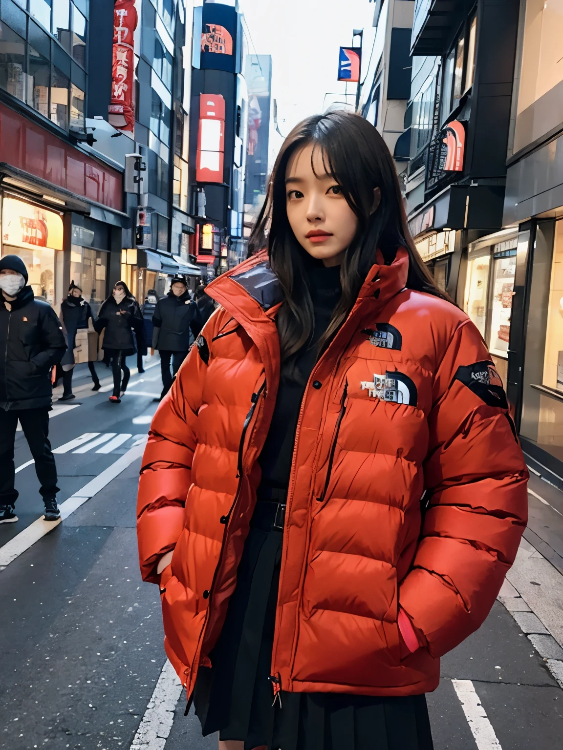 fullbody, (((wearing THE NORTH FACE red Down jacket ))), wearing long red skirt,// Bewitching eyes, well-balanced eyes, //street snap // ((facing viewer)), //at the street in tokyo, //japanese lady, pale skin, //droopy eyes,//permanent wave hair, //((standing)), high quality:1.3, Professional lighting:2.0 realistic:1.2, 4k resolution, detailed skin, masterpiece:1.1