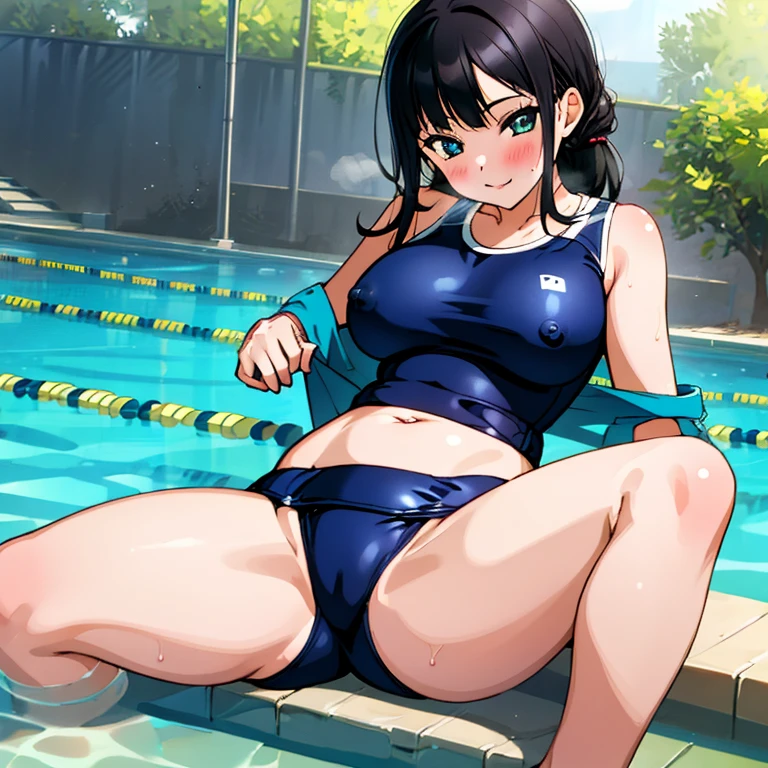 masterpiece,best quality,ultra detailed, nsfw, 1girl, black_hair, school swim suit