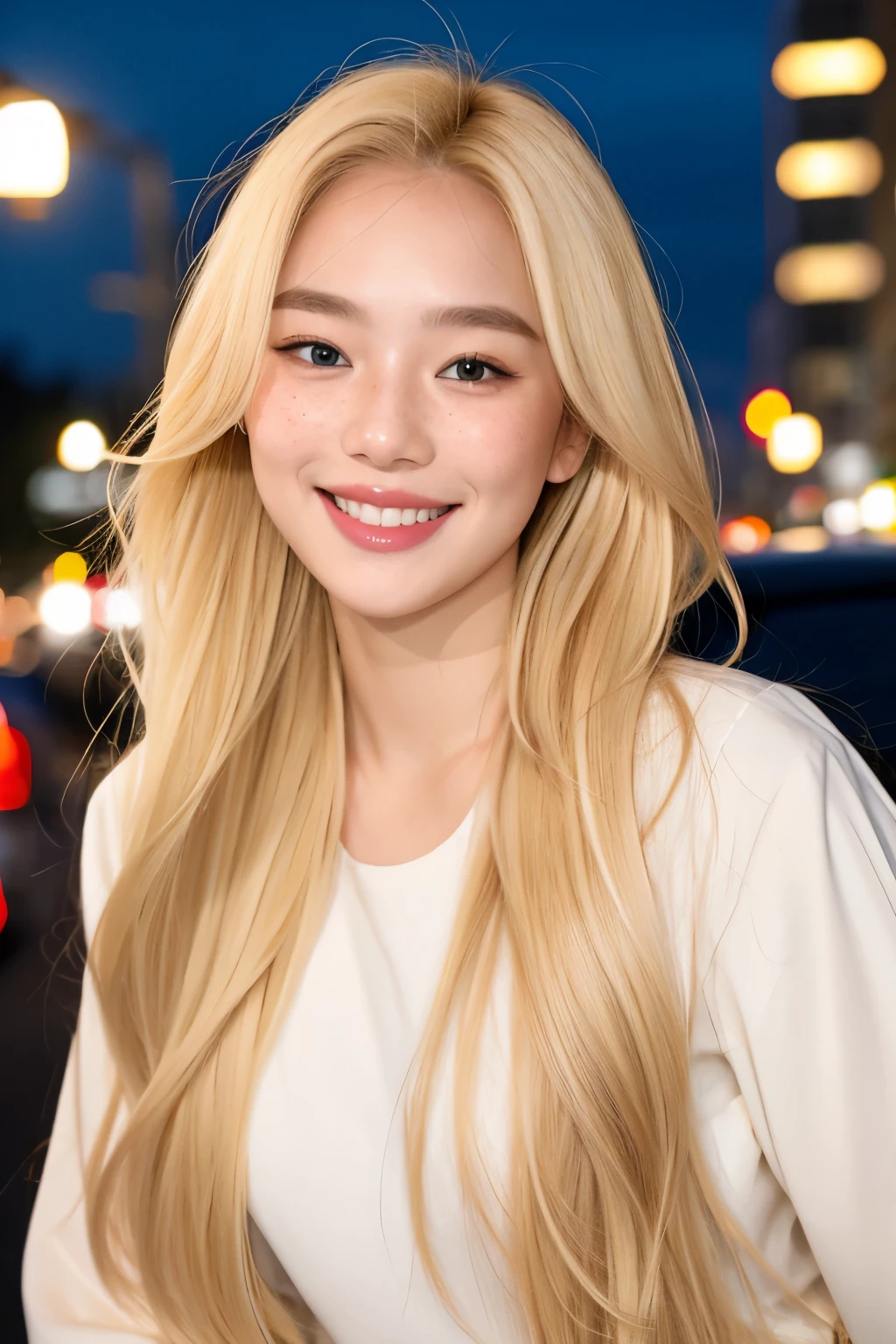 photorealistic photo of beautiful woman with blonde hair, hair roots slightly faded, Malaysian, influencer, light freckles, brown eyes, street fashion, night streets, smiling, no makeup, Instagram