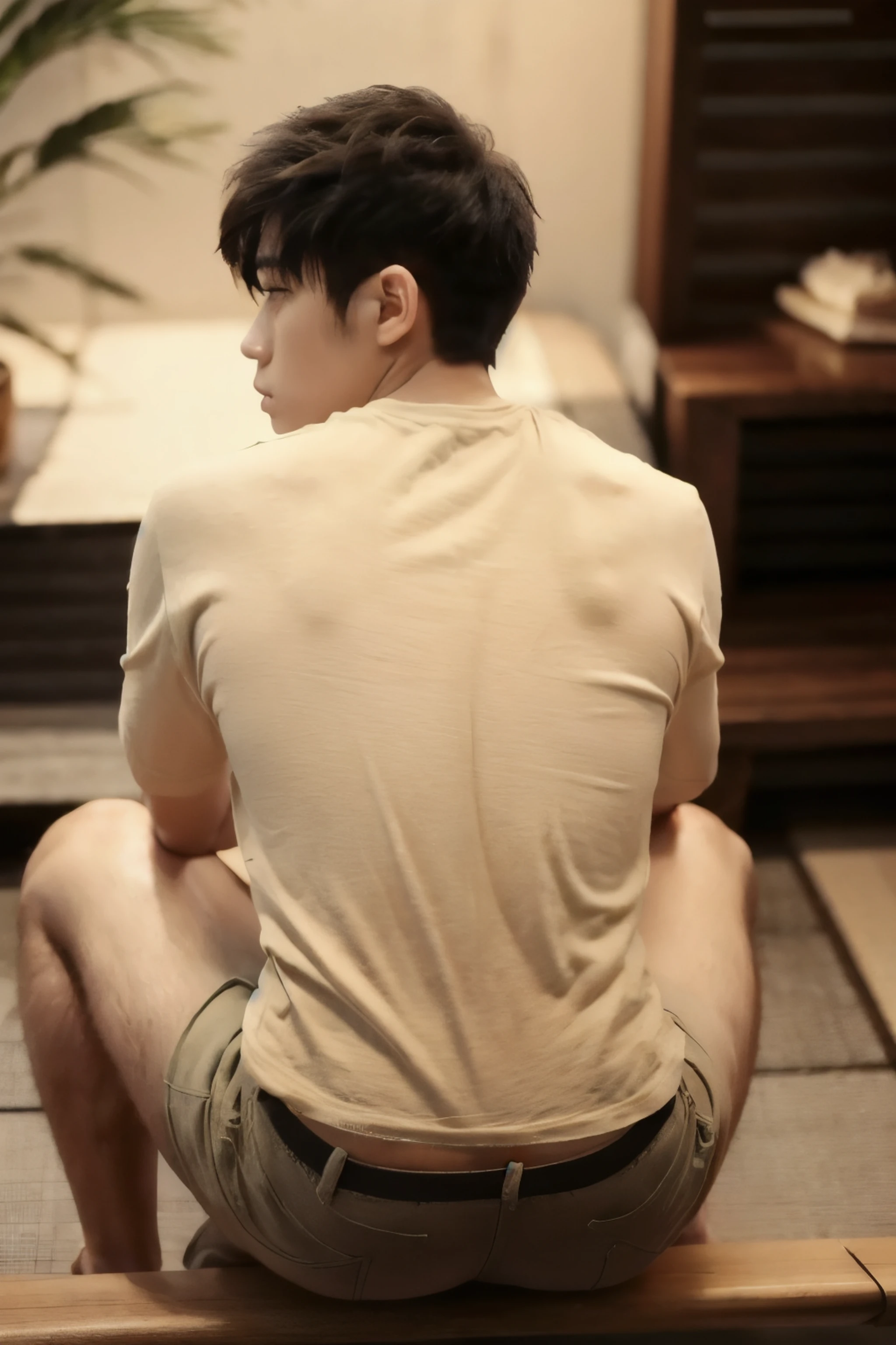 from behind, ((((super sharp focus)))), sitting, (((hairy legs))), hairy legs, toned legs, whole body, two block, messy shortt hair, long legs, Japan Male, 27 years old, wearing beige shorts, wearing a black T-shirt, very short hair, black hair