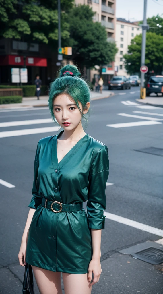 a girl with green hair standing in the street, in the style of he jiaying, dark teal and light teal, pure color, webcam photography, soft shading, salon kei, dark azure and green