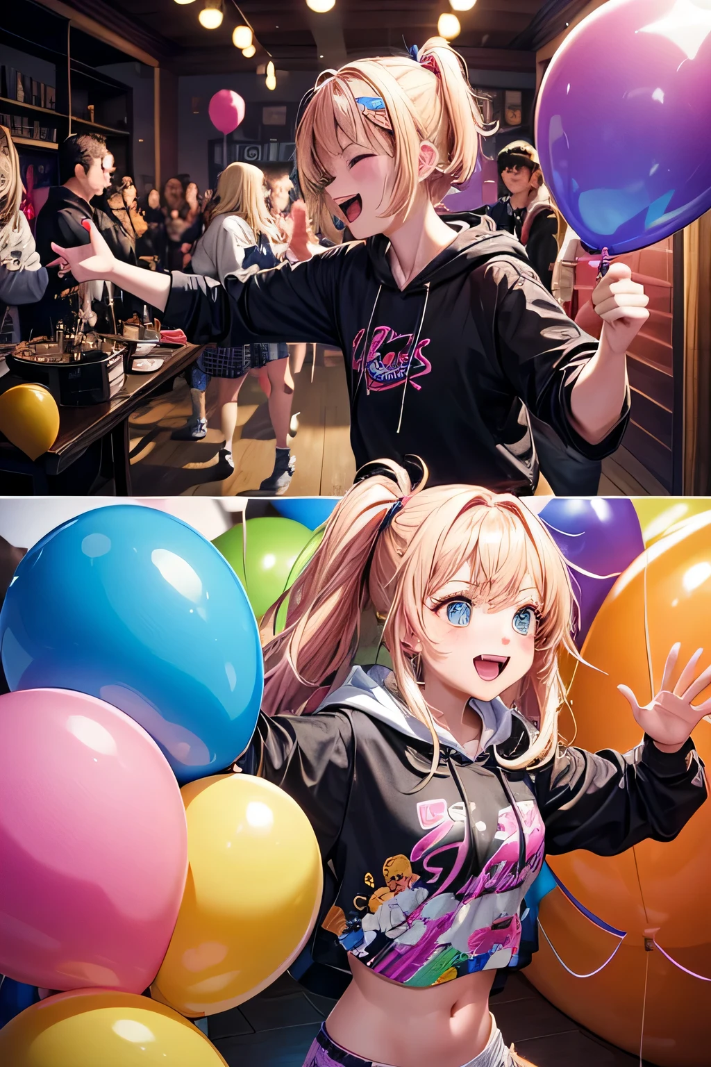 A lively company of guys and girls, each wearing hoodie style sweatshirts with unique and distinct anime designs, comes together to throw a boisterous party inside a spacious house. The room is filled with the infectious energy of the crowd, as they cheer, laugh, and dance to the beats of their favorite tunes. An array of colorful balloons decorate the walls, while streamers sway gently in the air. The atmosphere is one of pure joy and excitement, as the guests immerse themselves in the fun and camaraderie of the evening. The party extends from wall to wall in a 9:16 ratio, capturing every moment of the joyous celebration.
