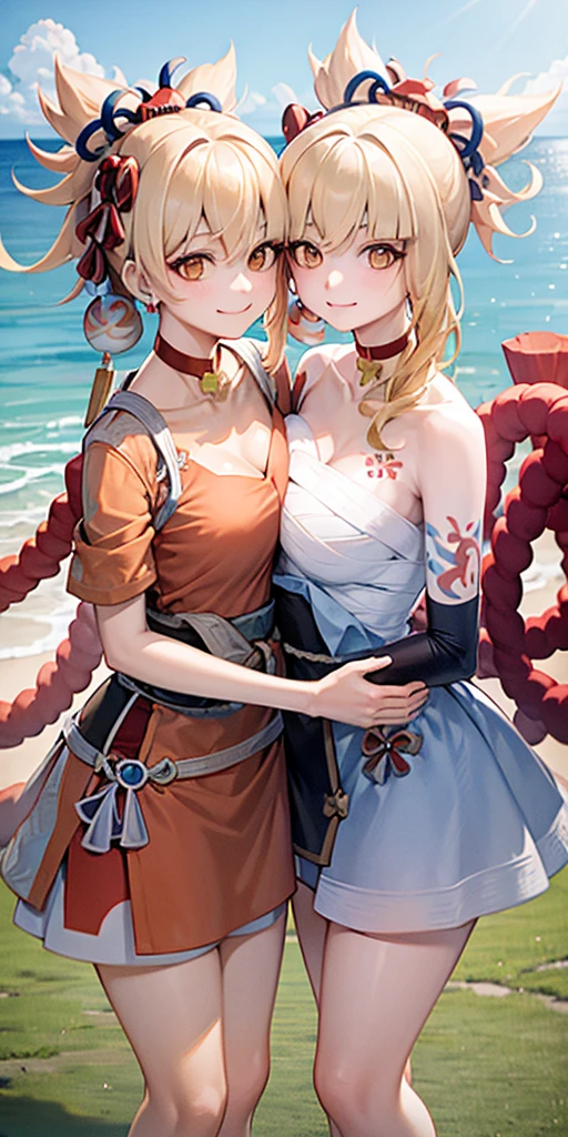 2 girls smile sea. Their breasts are close together. They are clearly holding each other’s waist with their left hands. They are standing side by side at the same height.