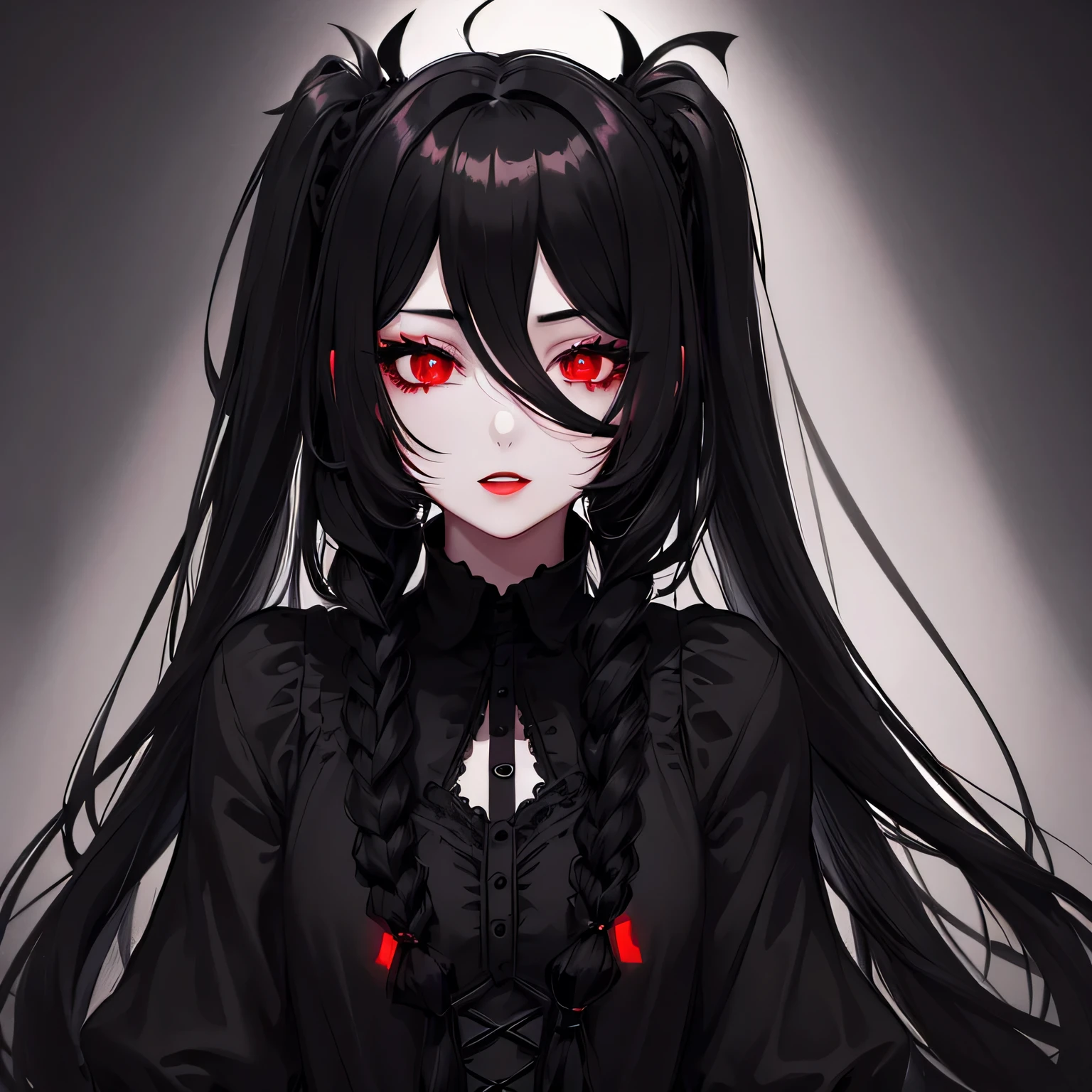 1 girl,Depp's Sense,confused,catch light,Super beautiful illustration,(black color,long hairstyles:1.6),dark dark eyeshadow,bright red lipstick,Gothic Lolita,;d,beautiful and delicate hair,delicate and detailed red eyes,red light effect,look around