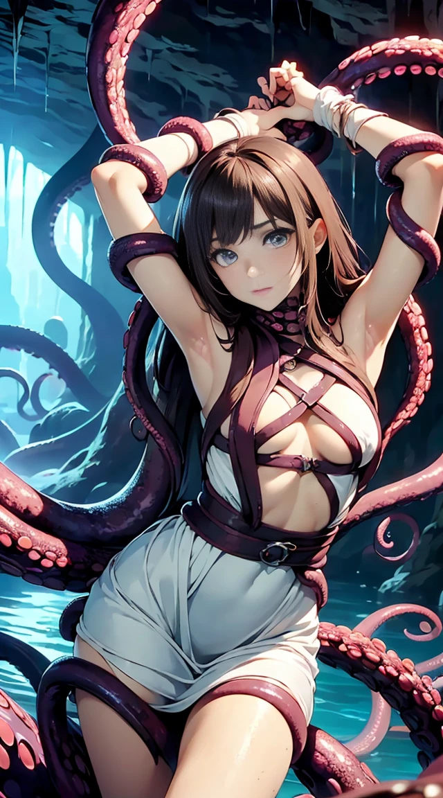 ((masterpiece)), ((best quality)), (ultra-detailed),(in the cave),(monster),(((many tentacles wrap arotnd the body))),a cute girl, 1girl, solo, (white girly dress),((many tentacles bound arms)), ((thin waist)),large breast, slim, slender,beautiful brown hair, beautiful blue eyes, (beautiful eyes), long hair,troubled expressio