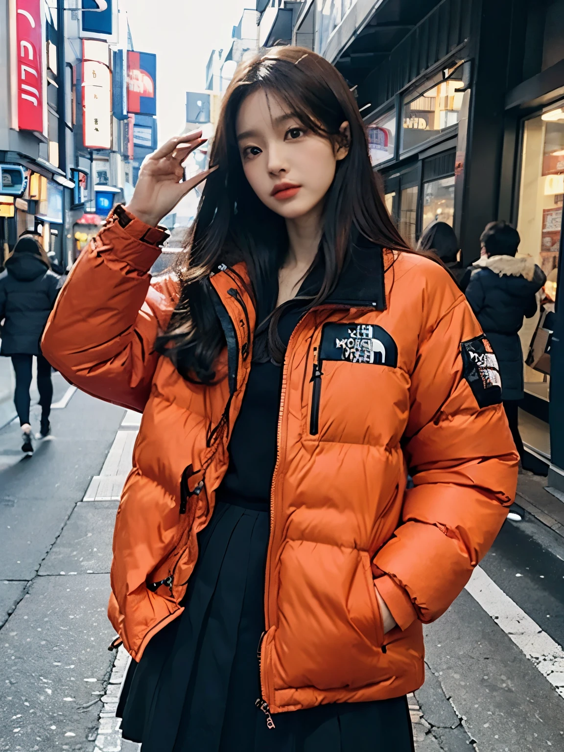 fullbody, (((wearing THE NORTH FACE red Down jacket ))), wearing long red skirt,// Bewitching eyes, well-balanced eyes, //street snap // ((facing viewer)), //at the street in tokyo, //japanese lady, pale skin, //droopy eyes,//long orange hair, //((standing)), high quality:1.3, Professional lighting:2.0 realistic:1.2, 4k resolution, detailed skin, masterpiece:1.1