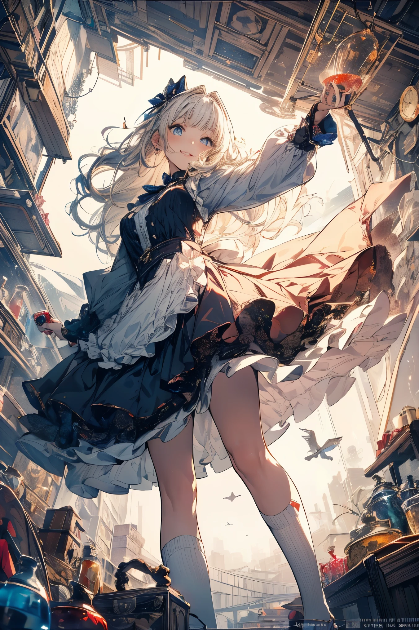 (master piece, high-quality, Mystical, Beautifully Aesthetic, ideal ratio of body proportions, image art, Impresionism), (ultra high resolution, 8K RAW photo, photo realistics, natural lighting, textile shading), (1 cute girl:1.3, solo:1.5, milf:1.1, nsfw:1.25, full bodiEsbian), (Fractal), shinny skin, BRAKE, ((alice in the wonderland:1.3, a girl falling down in the air:1.5, flying in sky:1.5, skirt is blowing up by wind:1.2, surprising, little opening mouth:1.3, putting hands on crotch over the skirt:1.35)), ((PlayingCards, Trump, tea cup, tea pot, tea spoons, pocket watch:1.3, big mirror, lip sticks, candies:1.2, cookies, jam bottles, keys)), cuty anime white rabbit, ((NavyBlue dress :1.5, a fluttering flair skirt, White Apron, white stockings)), (medium long platinum-blonde, tied hair with a ribbon), (Blue eyes, bright pupils with highlights, detailed eyes), (lying down on your back:1.2, leaning forward:1.2, spreading straight legs with rising up:1.3), ((dutch angle:1.5, full body:1.3, hip focus, from back below:1.5, bottom to top:1.1)), cinema concept image art, Exotic wallpapers, colorful image, fantastic art, fantasy images:1.5, ((correct anatomy:1.5, perfect anatomy:1.3, correct hand)),