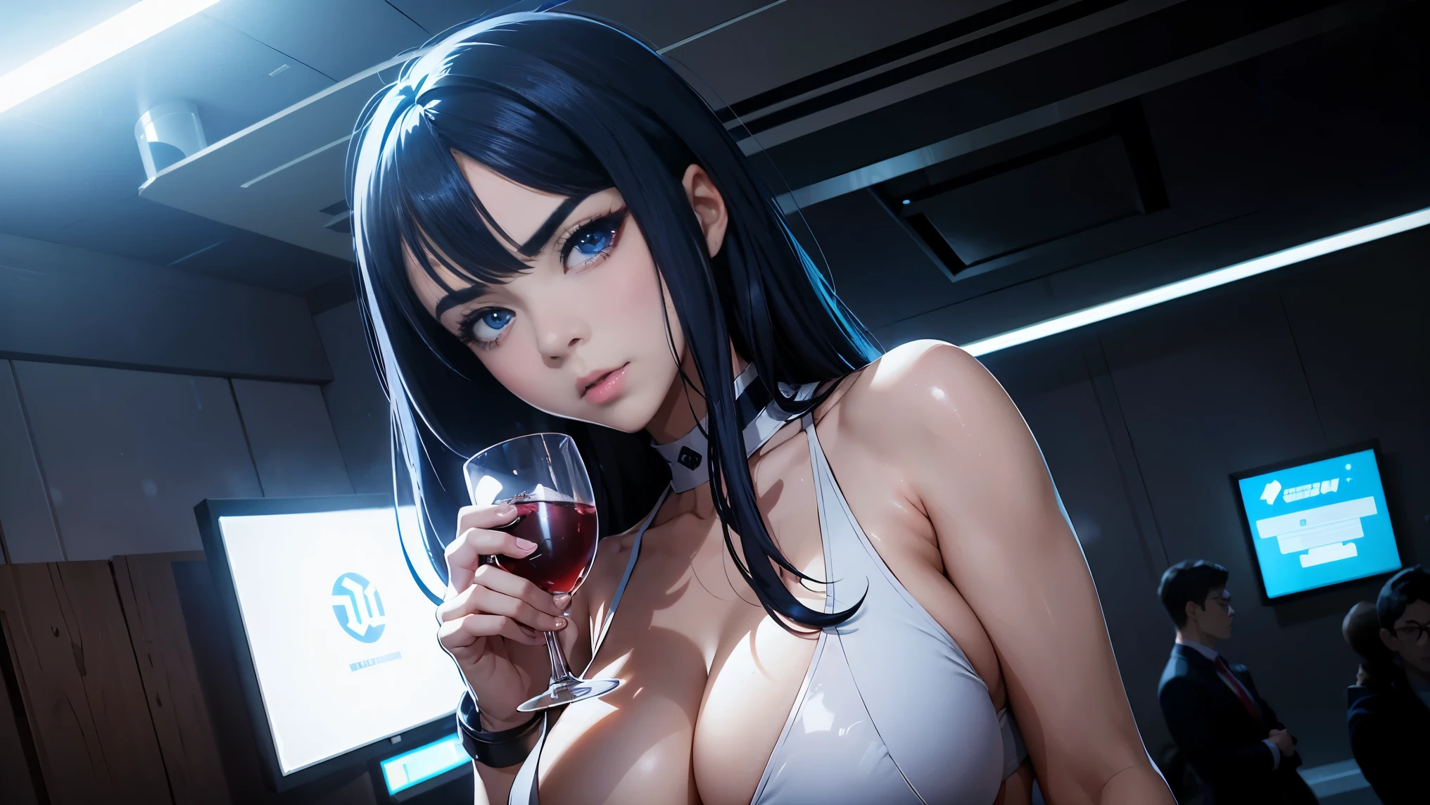 cool synthwave anime girl , dark blue hair , blue eyes , rainy time , underground dance club , whole body shot, big brest, (Perfect thick white eyebrows) Delicate fur, 详细s face, s the perfect face, At a in an underground dance club , (Drink a glass of wine while standing), Comfortable background, perfect decoration, lighting atmosphere, ((Bonifasko lighting)), (The round lenses on his eyes)(詳細な目), Perfect student, face close up