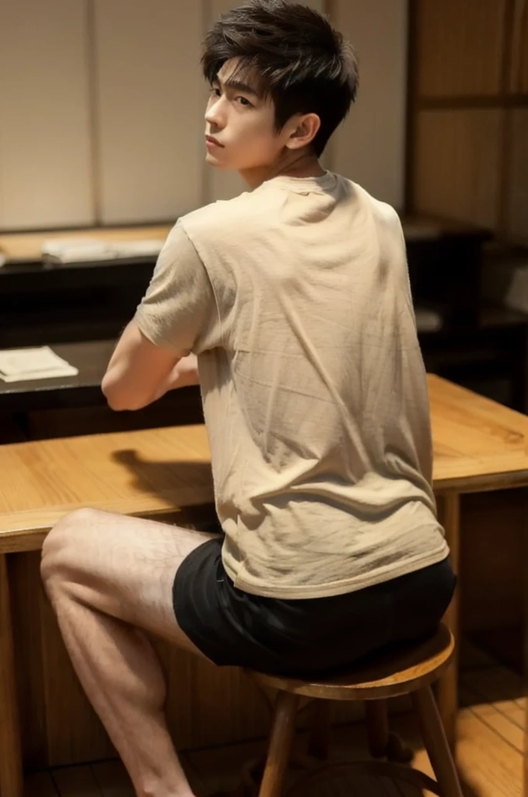 ((from behind)), (super sharp focus), sitting, (((hairy legs))), hairy legs, toned legs, whole body, two block, messy shortt hair, long legs, Japan Male, 27 years old, wearing beige shorts, wearing a black T-shirt, very short hair, black hair