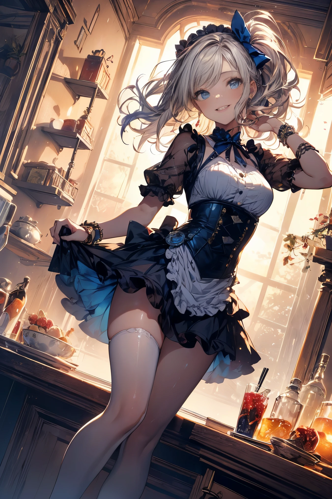 (from below:1.2),(from side:0.6),(Close-Up:0.4), (A masterpiece of image quality in 8K),(Beautiful Allafed Woman),(((emphasizing breasts:1.1))),(Dynamic angles),(Dynamic and sexy bending pose:1.3),(sit a chair:1.2),(Short hair in shiny silver and orange inner colors,small full breasts,Disturbance of clothing due to movement,breast slip,(Ponytail twisted buns adorned with elaborate braids and beads,Braided Setup Fishbone Hair:1.2),(see-through bangs),small breasts,(((A brown lace apron that shows your bare skin from under your small breasts.......)))、garters,Blush with embarrassment、Enraptured eyes、 little open mouth,A smile that beguiles the viewer、(Look back:1.2)、Look into the photographer,skin glistening with sweat,gazing at viewer,,(Professional Lighting),(masutepiece,top-quality,Ultra-high resolution output image,),(Ultra HD with complex detail image modes),depth of fields,Beautiful hands,Beautiful fingers,Detailed finger features,(Detailed hair features:1.7),detailed facial features,detailed clothes features,

