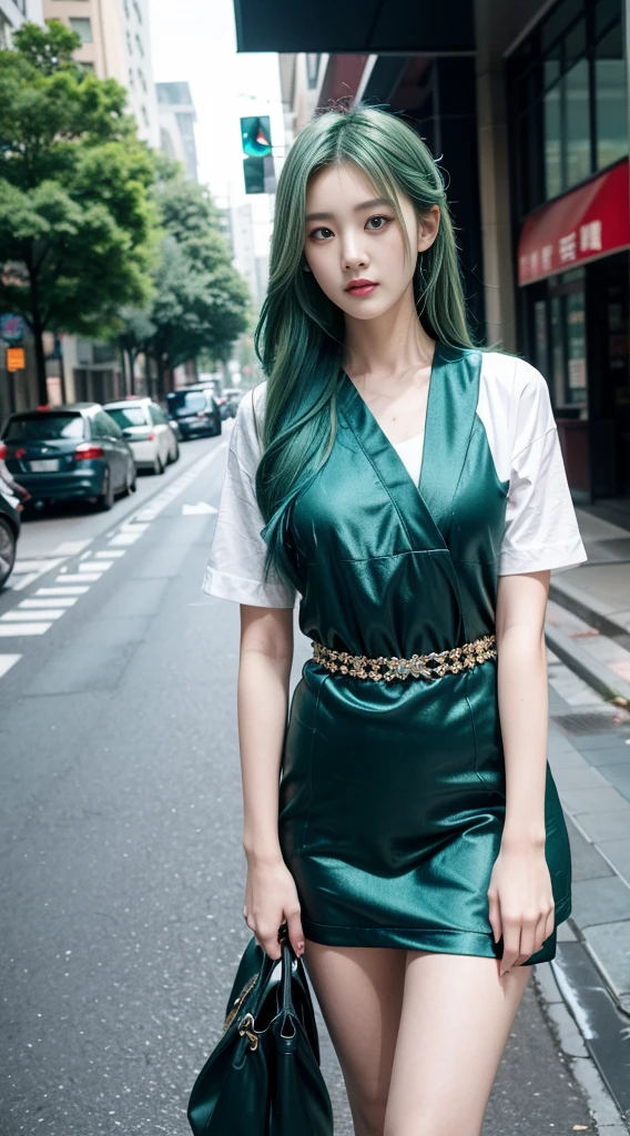 a girl with green hair standing in the street, in the style of he jiaying, dark teal and light teal, pure color, webcam photography, soft shading, salon kei, dark azure and green
