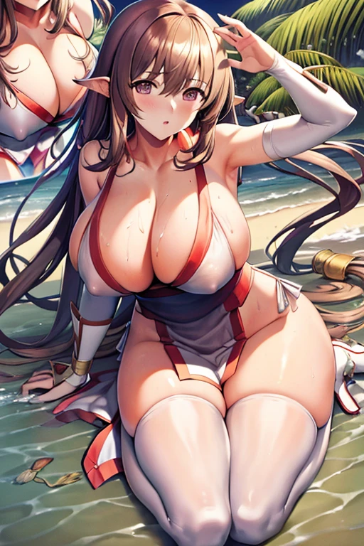 masterpiece, high resolution, best quality, beautiful art, 1 woman, Rinna Mayfield, big breasted, cleavage, white kunoichi dress, full body , sexy outfit, pelvic curtain, sexy legs and thighs, full body, sexy training, working out, stretching her body, sexy moves, bouncing breasts, beach environment