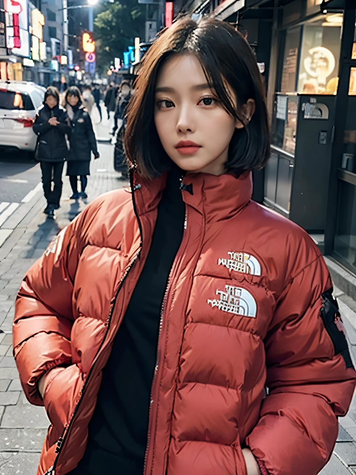 fullbody, (((wearing THE NORTH FACE red Down jacket ))), wearing long red skirt,// Bewitching eyes, well-balanced eyes, //street snap // ((facing viewer)), //at the street in tokyo, //japanese lady, pale skin, //droopy eyes,//pink short hair, //((standing)), high quality:1.3, Professional lighting:2.0 realistic:1.2, 4k resolution, detailed skin, masterpiece:1.1