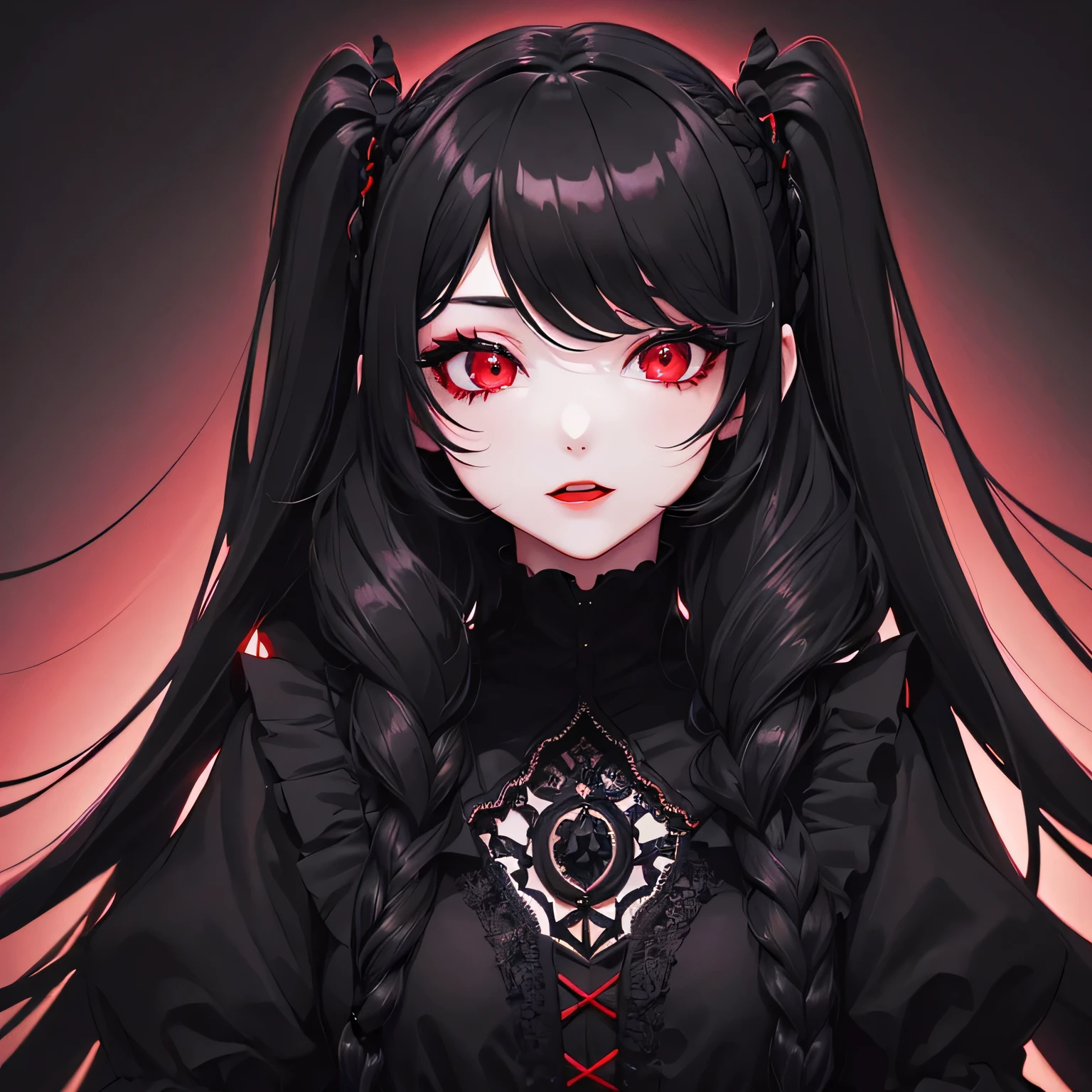 1 girl,Depp's Sense,confused,catch light,Super beautiful illustration,(black color,long hairstyles:1.6),dark dark eyeshadow,bright red lipstick,Gothic Lolita,;d,beautiful and delicate hair,delicate and detailed red eyes,red light effect,look around