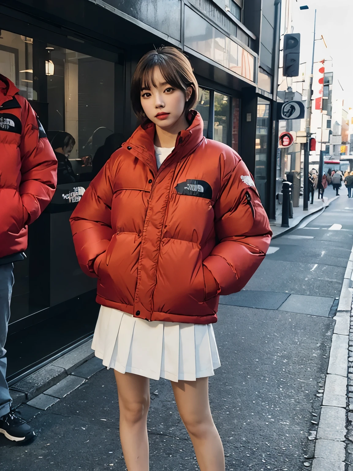 fullbody, (((wearing THE NORTH FACE red Down jacket ))), wearing long red skirt,// Bewitching eyes, well-balanced eyes, //street snap // ((facing viewer)), //at the street in tokyo, //japanese lady, pale skin, //droopy eyes,//pink short hair, //((standing)), high quality:1.3, Professional lighting:2.0 realistic:1.2, 4k resolution, detailed skin, masterpiece:1.1