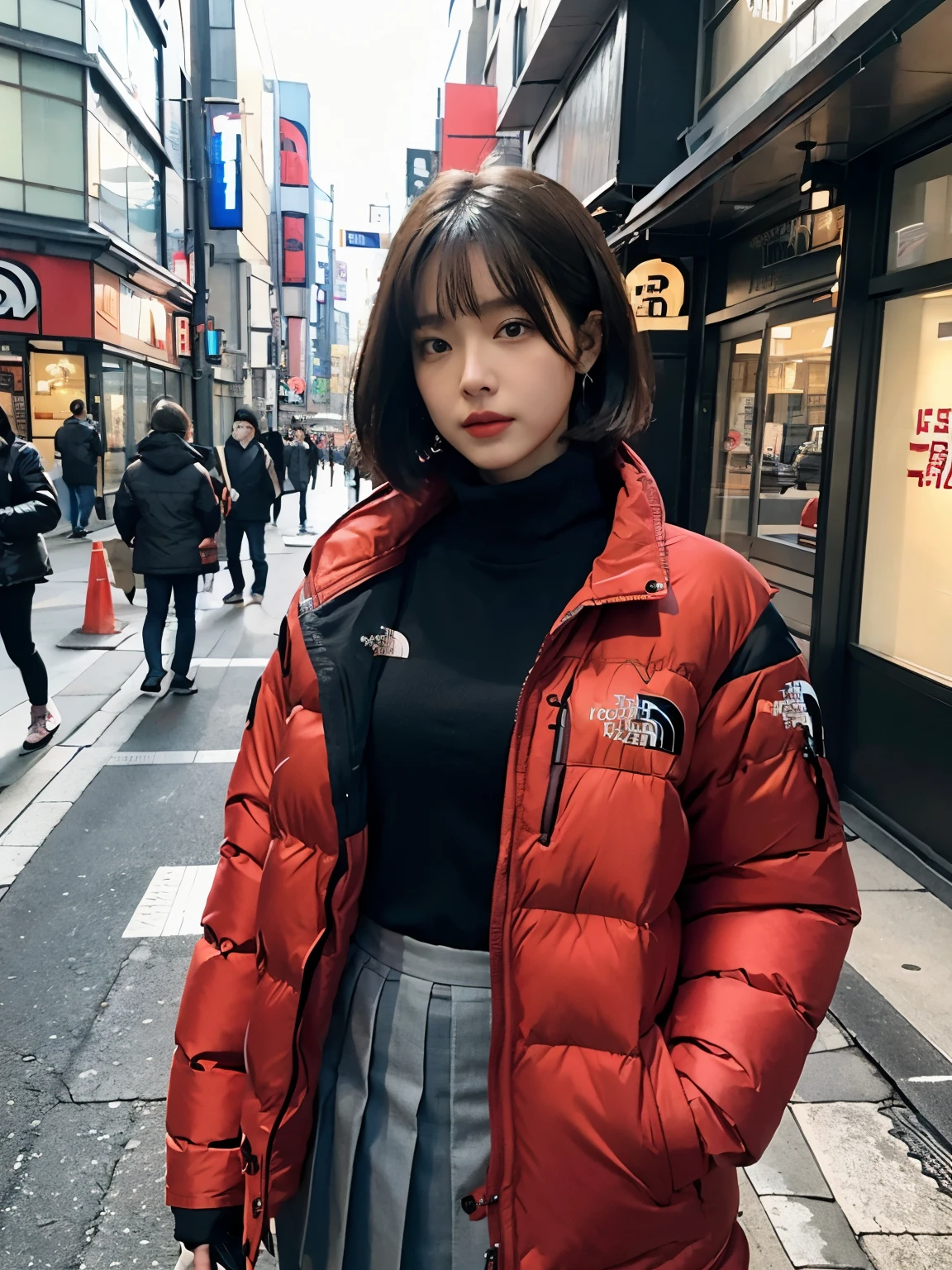 fullbody, (((wearing THE NORTH FACE red Down jacket ))), wearing long red skirt,// Bewitching eyes, well-balanced eyes, //street snap // ((facing viewer)), //at the street in tokyo, //japanese lady, pale skin, //droopy eyes,//pink short hair, //((standing)), high quality:1.3, Professional lighting:2.0 realistic:1.2, 4k resolution, detailed skin, masterpiece:1.1