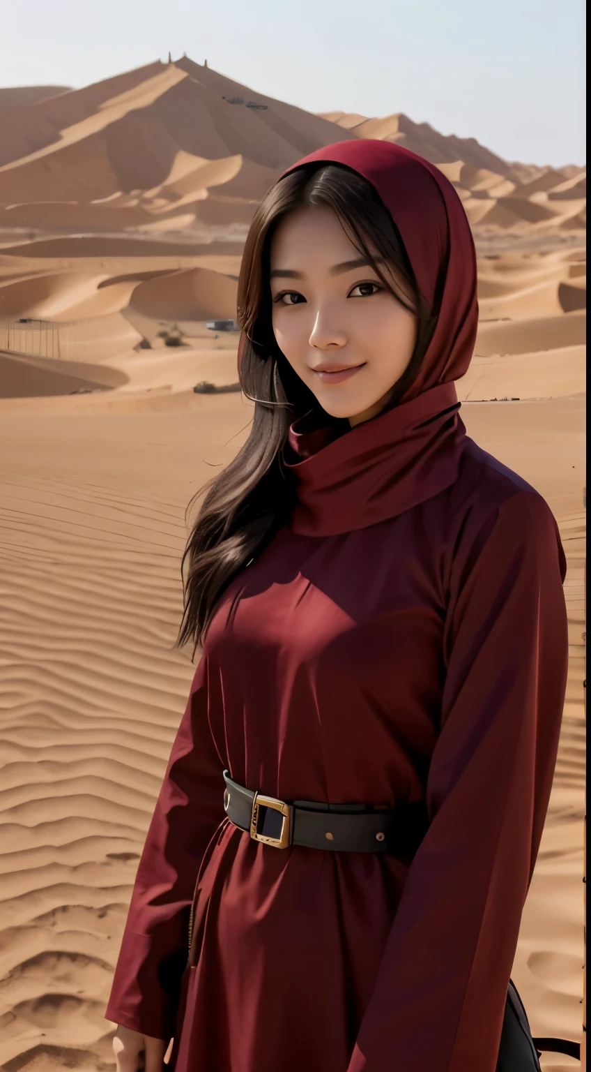 Foto hiperrealista en primer plano de Kim Joo (Korean girl), Create dystopian masterpieces. in a full cover bedouin costume (dark red tunic) on the desert, beautiful woman, skinny skinny, large breasts, black long hair, detailed face, smile, facing the camera, photo taken from a distance, age of 25 years old