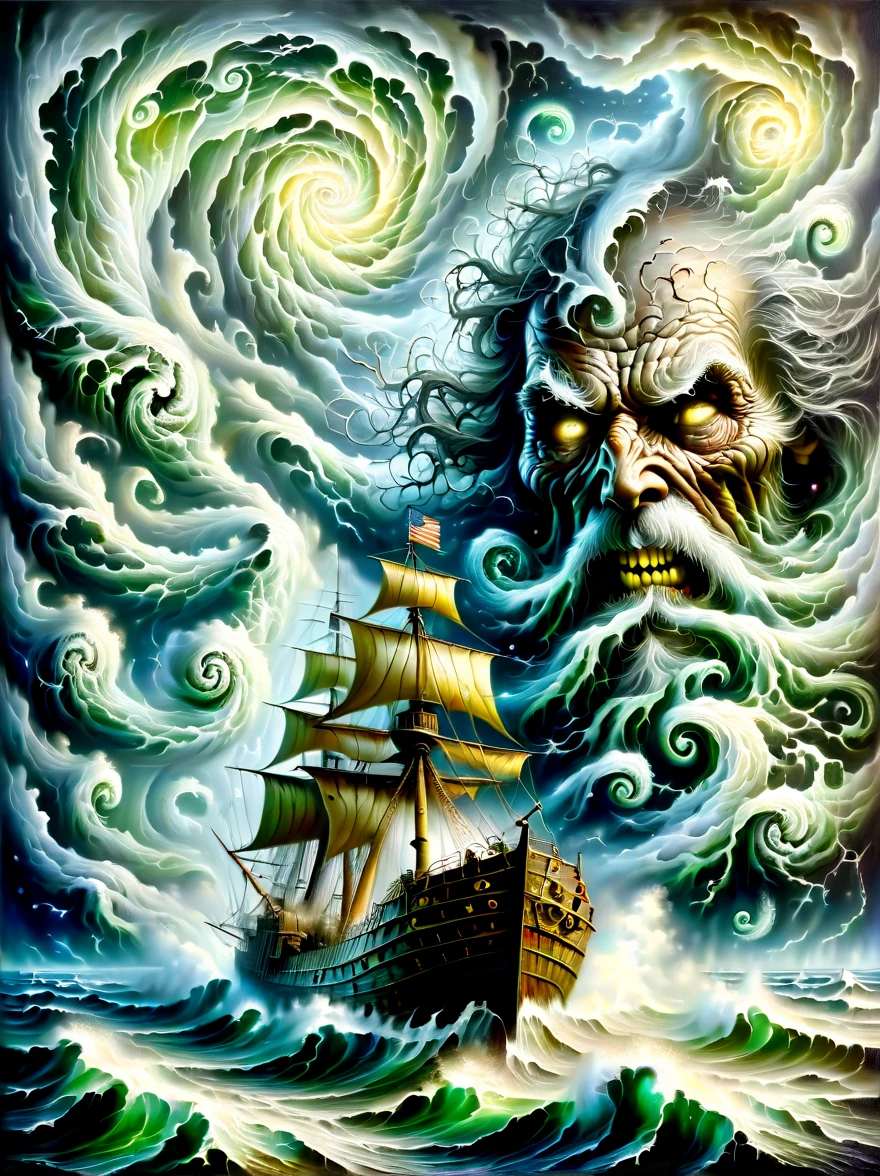 A detailed oil painting,((Depicts an old captain steering his ship through a storm))。Salt water splashed on his weathered face,His eyes are full of determination。((Above, swirling malevolent clouds can be seen)),Rough waves threaten to swamp ships,while seagulls dive and swirl among the chaotic landscape。Thunder and lights are heard in the distance,Illuminating the scene with an eerie light。