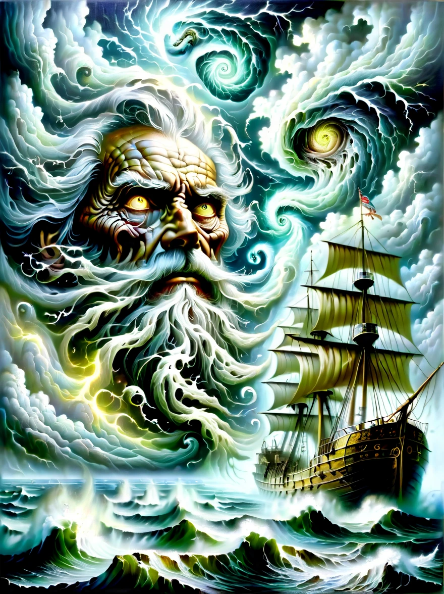 A detailed oil painting,((Depicts an old captain steering his ship through a storm))。Salt water splashed on his weathered face,His eyes are full of determination。((Above, swirling malevolent clouds can be seen)),Rough waves threaten to swamp ships,while seagulls dive and swirl among the chaotic landscape。Thunder and lights are heard in the distance,Illuminating the scene with an eerie light。