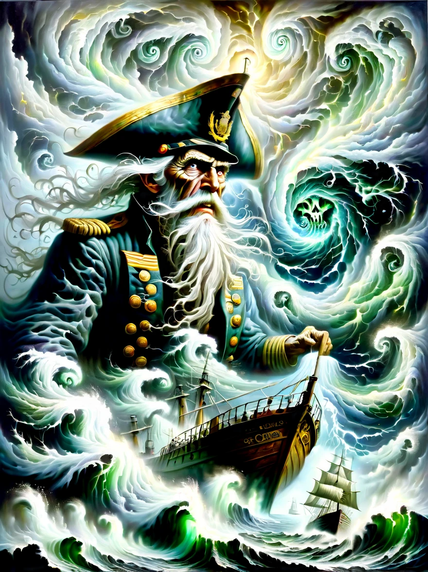 A detailed oil painting,((Depicts an old captain steering his ship through a storm))。Salt water splashed on his weathered face,His eyes are full of determination。((Above, swirling malevolent clouds can be seen)),Rough waves threaten to swamp ships,while seagulls dive and swirl among the chaotic landscape。Thunder and lights are heard in the distance,Illuminating the scene with an eerie light。
