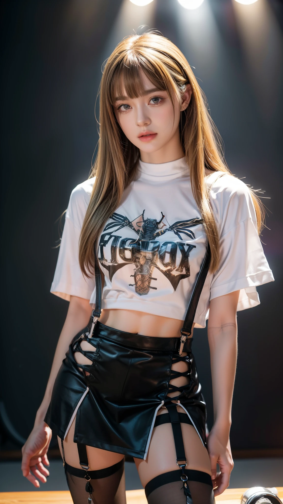 (super detailed eyes), (((Textile shading))), (((best quality))), (((on the table))), (((Super detailed CG))), fashionable girl, (((magic ))), (), (small breasts), Long blonde hair with bangs, Weird haircuts, ((Gorgeous hair)), pink eyes, (((Skeleton style, see school. Hockey mesh short T-shirt, Black irregular hem suspender skirt, Millennium bug))), ((strike a pose)), (((Game CG)) (Gorgeous, fashionable, it girls), Fine jewelry, Full LED background, Sparkling LEDs on the background, Vintage lights, hip hop atmosphere, Backlight LED, Retro LED lamp, Magic disco light LED, Strong atmosphere of the 80s,, cowboy shooting, medium shot, centered image, Keep your eyes on the camera, Look head-on