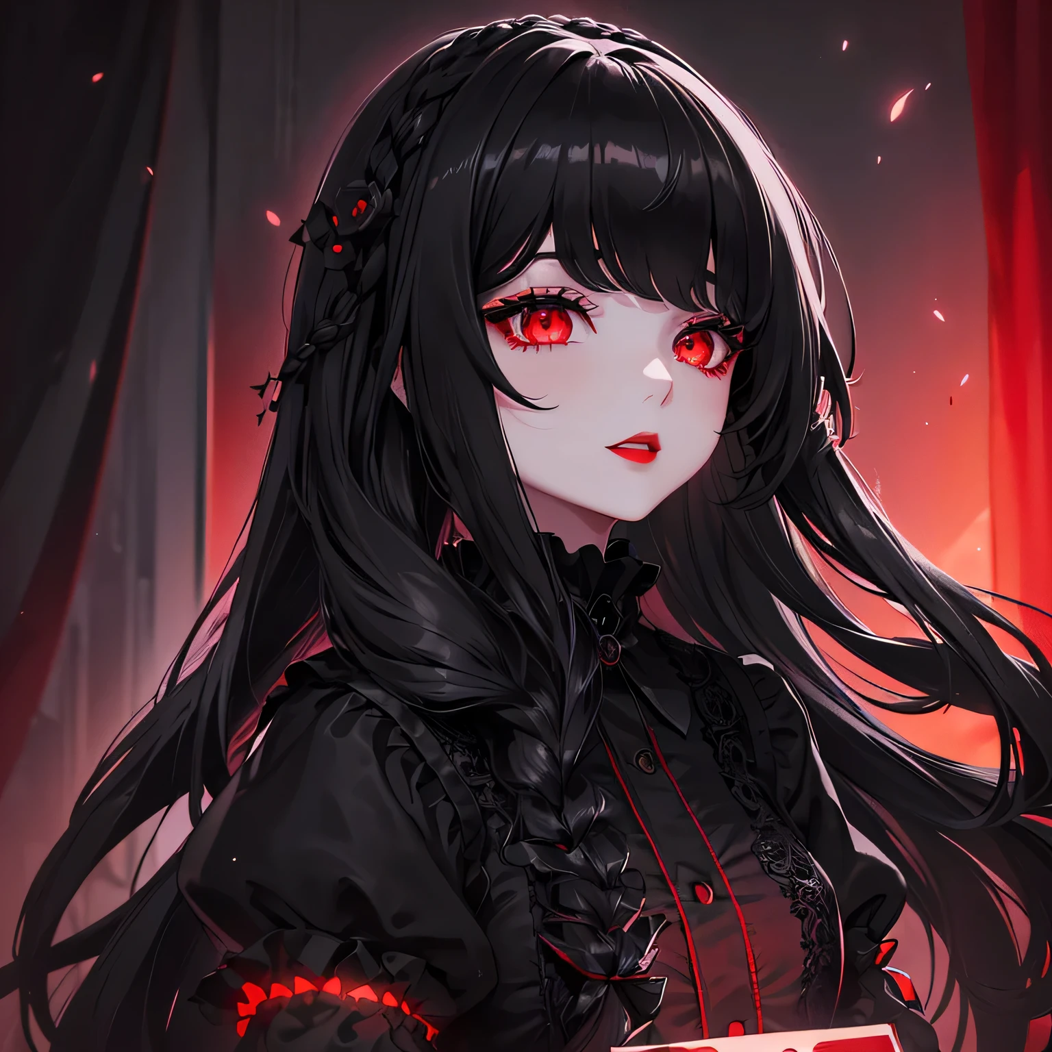 1 girl,Depp's Sense,confused,catch light,Super beautiful illustration,(black color,long hairstyles:1.6),dark dark eyeshadow,bright red lipstick,Gothic Lolita,;d,beautiful and delicate hair,delicate and detailed red eyes,red light effect,look around