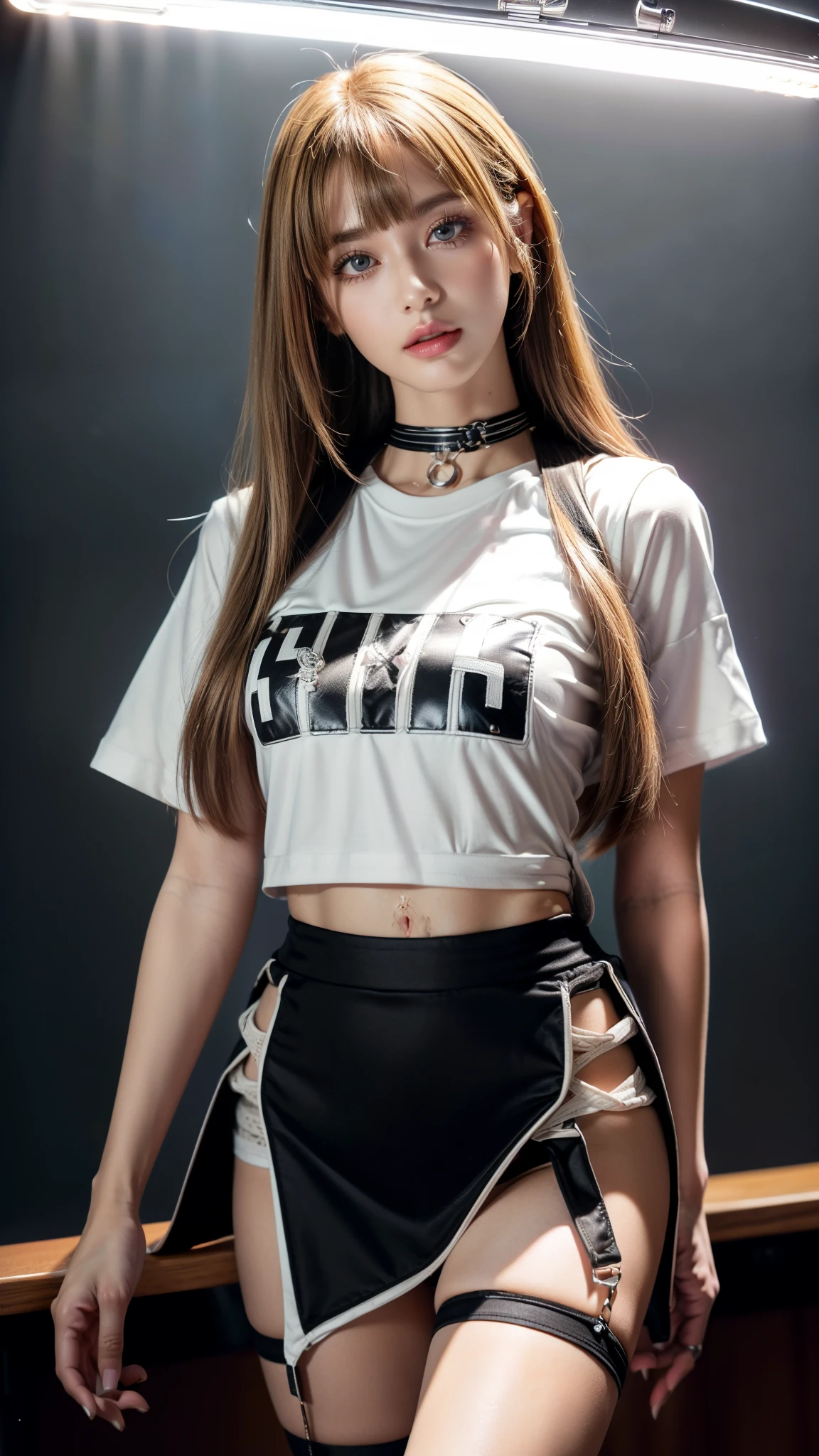 (super detailed eyes), (((Textile shading))), (((best quality))), (((on the table))), (((Super detailed CG))), fashionable girl, (((magic ))), (), (small breasts), Long blonde hair with bangs, Weird haircuts, ((Gorgeous hair)), pink eyes, (((Skeleton style, see school. Hockey mesh short T-shirt, Black irregular hem suspender skirt, Millennium bug))), ((strike a pose)), (((Game CG)) (Gorgeous, fashionable, it girls), Fine jewelry, Full LED background, Sparkling LEDs on the background, Vintage lights, hip hop atmosphere, Backlight LED, Retro LED lamp, Magic disco light LED, Strong atmosphere of the 80s,, cowboy shooting, medium shot, centered image, Keep your eyes on the camera, Look head-on