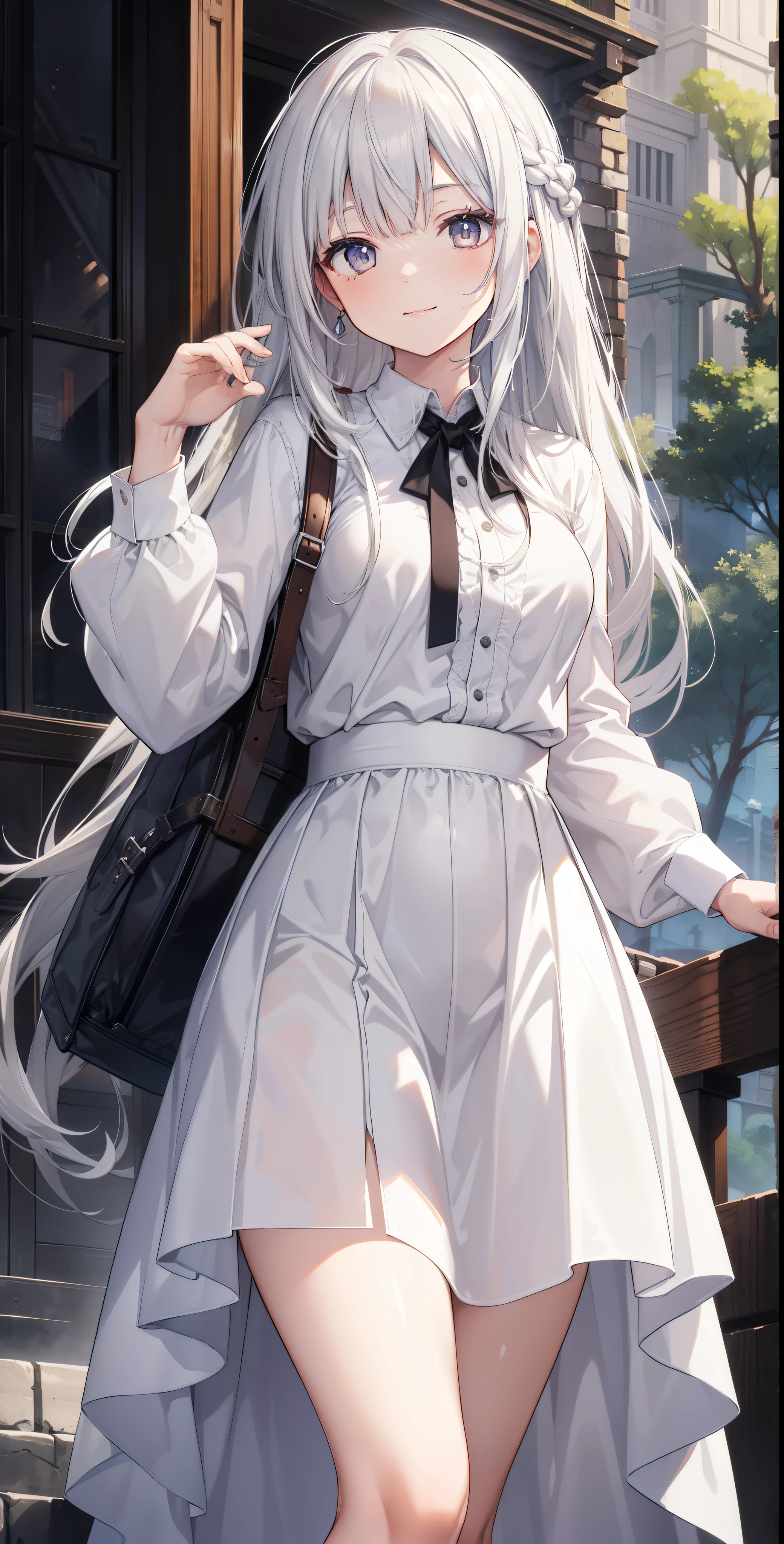 masterpiece, highest quality, High resolution, KR1, gray eyes, smile, fringe, white shirt, long skirt, small breasts, long white hair, cowboy shot,RPG Traveler
