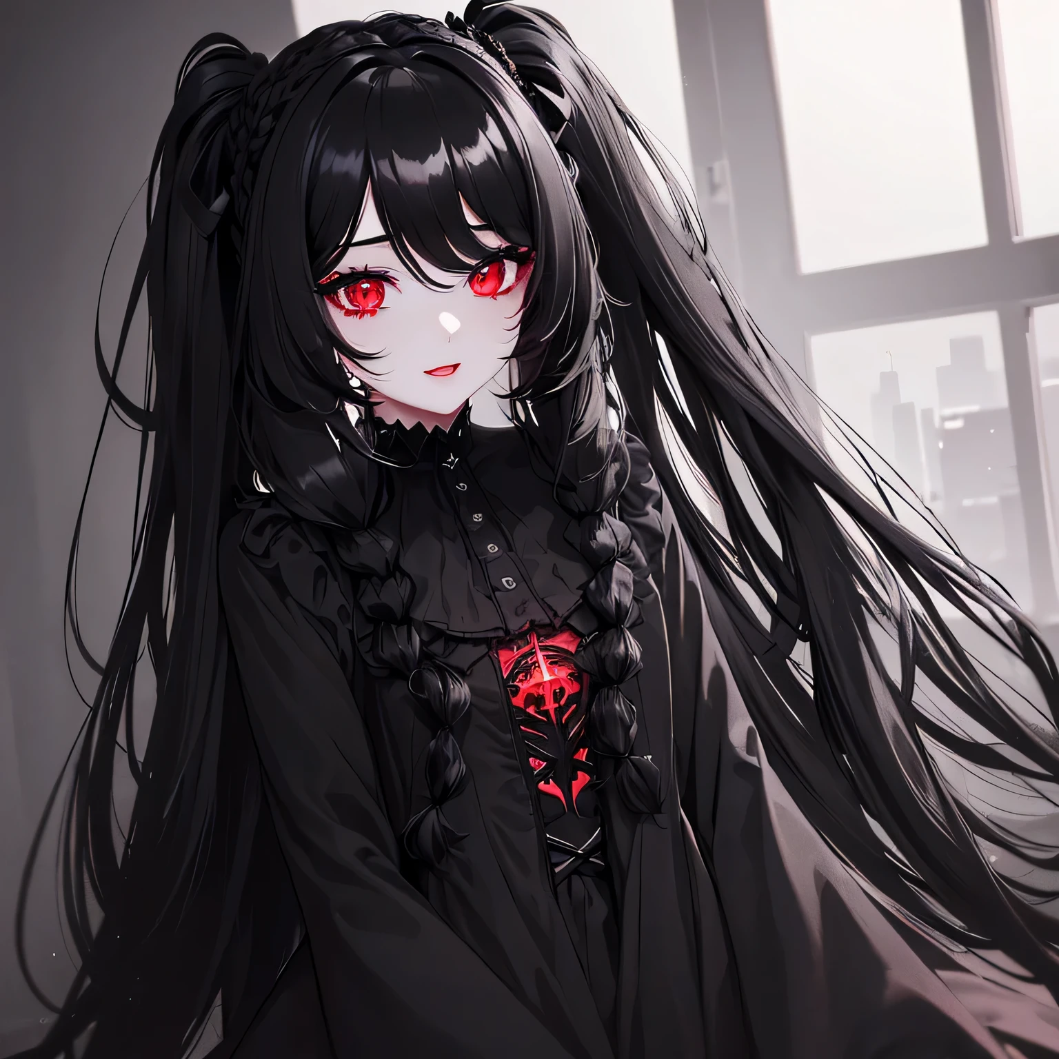 1 girl,Depp's Sense,confused,catch light,Super beautiful illustration,(black color,long hairstyles:1.6),dark dark eyeshadow,bright red lipstick,Gothic Lolita,;d,beautiful and delicate hair,delicate and detailed red eyes,red light effect,look around