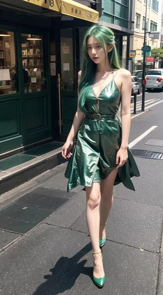 a girl in the street has long green hair, in the style of oshare kei, dark azure and light aquamarine, green academia, gongbi, dark green and light gold, dark green and light bronze 