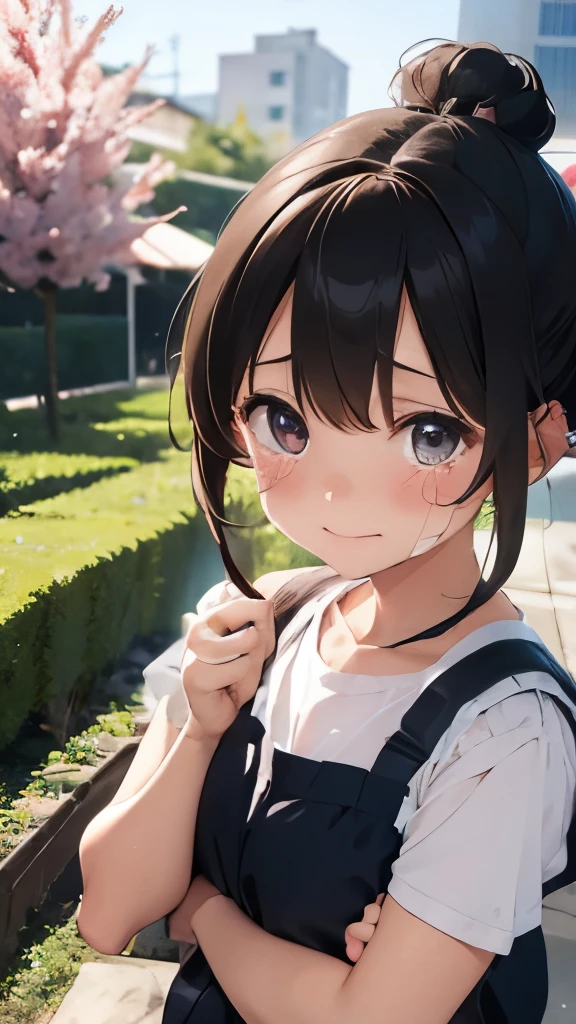 6 girl、Are crying、garden、bun hair