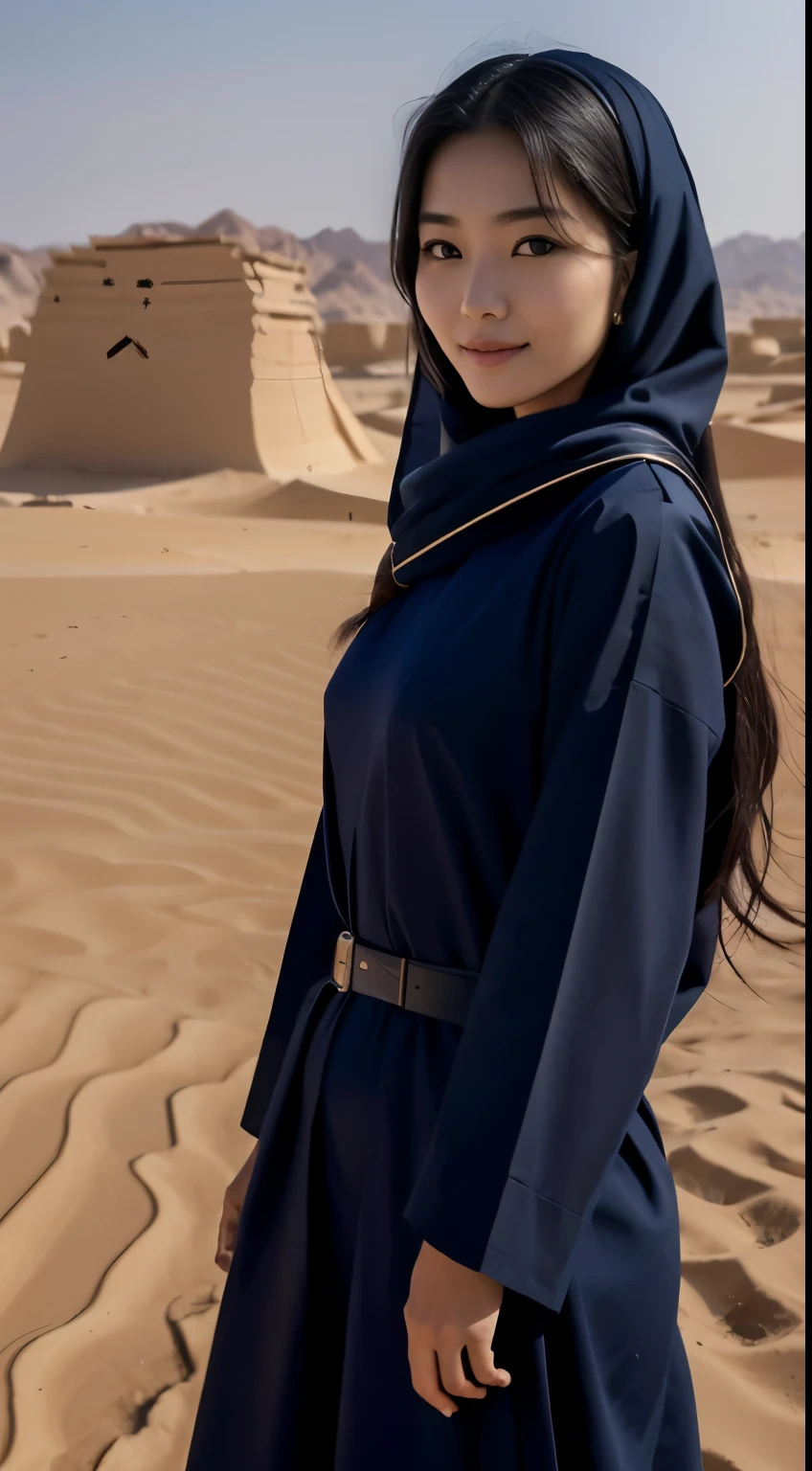 Foto hiperrealista en primer plano de Kim Joo (Korean girl), Create dystopian masterpieces. in a full cover bedouin costume (navy tunic) on the desert, beautiful woman, skinny skinny, large breasts, black long hair, detailed face, smile, facing the camera, photo taken from a distance, age of 25 years old