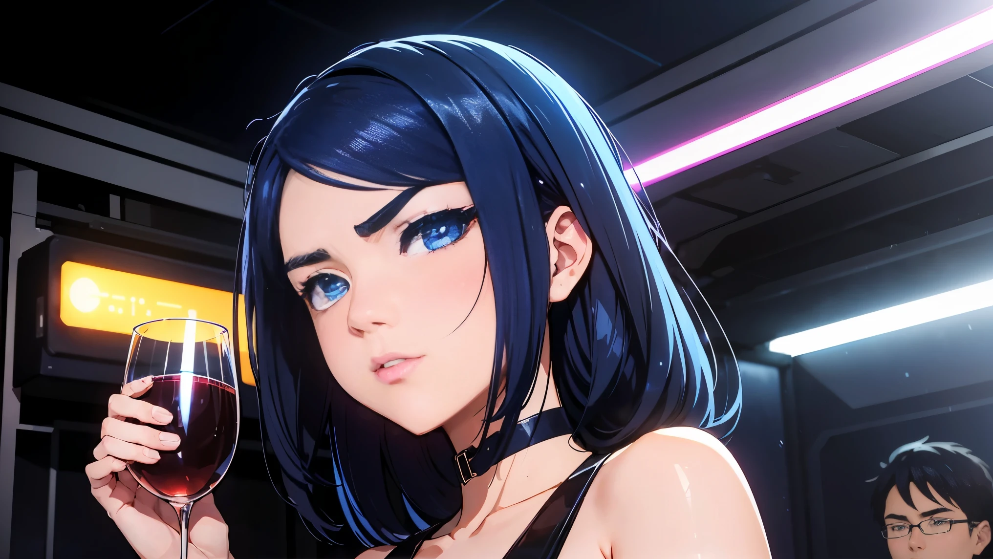 cool synthwave anime girl , dark blue hair , blue eyes , rainy time , underground dance club , whole body shot, big brest, (Perfect thick white eyebrows) Delicate fur, 详细s face, s the perfect face, At a in an underground dance club , (Drink a glass of wine while standing), Comfortable background, perfect decoration, lighting atmosphere, ((Bonifasko lighting)), (The round lenses on his eyes)(詳細な目), Perfect student, face close up