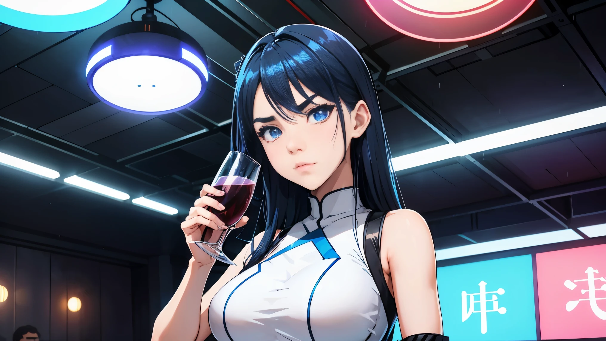 cool synthwave anime girl , dark blue hair , blue eyes , rainy time , underground dance club , whole body shot, big brest, (Perfect thick white eyebrows) Delicate fur, 详细s face, s the perfect face, At a in an underground dance club , (Drink a glass of wine while standing), Comfortable background, perfect decoration, lighting atmosphere, ((Bonifasko lighting)), (The round lenses on his eyes)(詳細な目), Perfect student, face close up