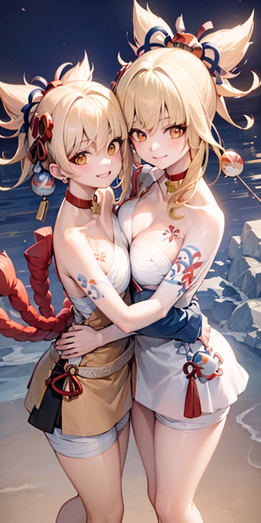 2 girls smile sea. Their breasts are close together, forming a clear gap. They hold each other&#39;s waist with their left hands and stand side by side at the same height.