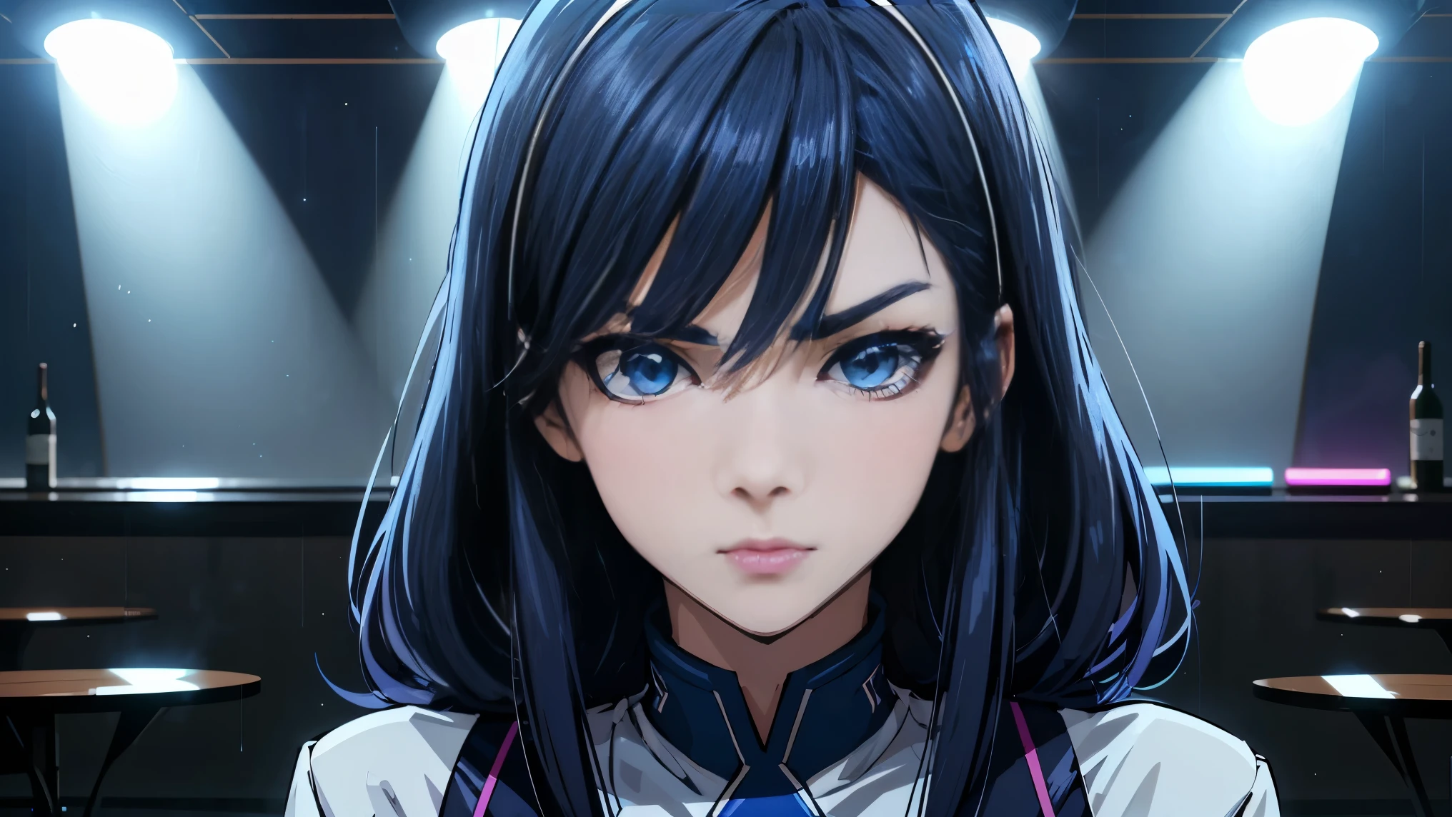 cool synthwave anime girl , dark blue hair , blue eyes , rainy time , underground dance club , whole body shot, big brest, (Perfect thick white eyebrows) Delicate fur, 详细s face, s the perfect face, At a in an underground dance club , (Drink a glass of wine while standing), Comfortable background, perfect decoration, lighting atmosphere, ((Bonifasko lighting)), (The round lenses on his eyes)(詳細な目), Perfect student, face close up