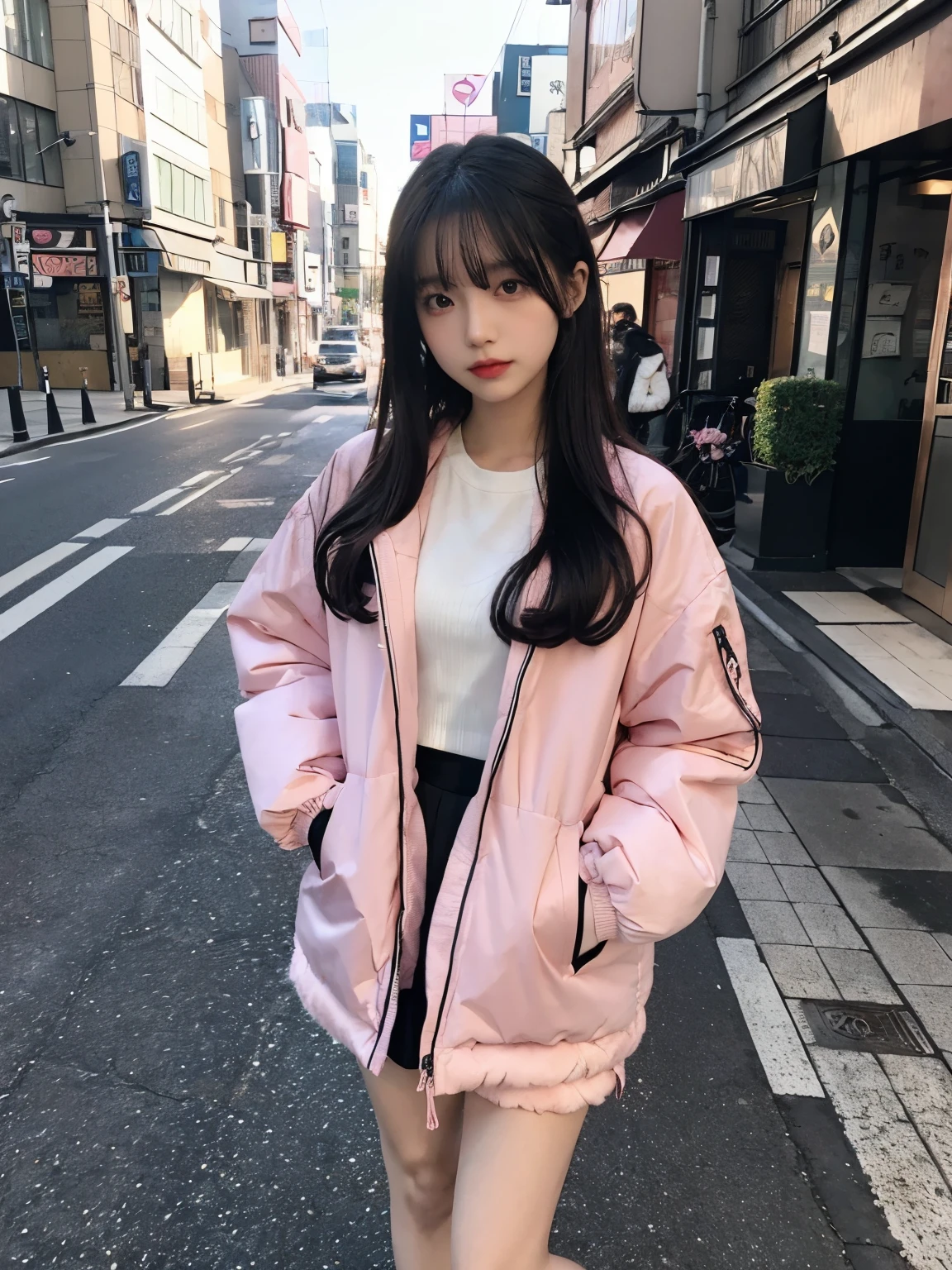 fullbody, (((wearing big pink Down jacket ))), wearing long pink skirt,// Bewitching eyes, well-balanced eyes, //street snap // ((facing viewer)), //at the street in tokyo, //japanese lady, pale skin, //droopy eyes,//long hair, //((standing)), high quality:1.3, Professional lighting:2.0 realistic:1.2, 4k resolution, detailed skin, masterpiece:1.1