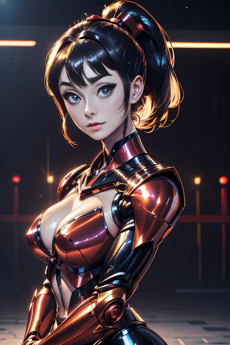 (1mecha girl:1.3, solo), (Audrey Hepburn:1.3), (a extremely pretty and beautiful Japanese woman), (sexy girl), (professional attire:1.3), (22 years old: 1.1), (walking on red carpet:1.3), (attractive random posing:1.3), (in the night royal party:1.3), (looking straight at you:1.3), (starring at you:1.3), (front view:1.3),  break, (ponytail:1.3), (shiny-black thin hair:1.2), bangs, dark brown eyes, beautiful eyes, princess eyes, (big eyes:1.3), bangs, wearing a glasses:1.3, Hair between eyes, short hair:1.3, (slender:1.1), (small-medium-breasts:0.95), (thin waist: 1.15), (detailed beautiful girl: 1.4), Parted lips, Red lips, full-make-up face, (shiny skin), ((Perfect Female Body)), (upper body image:1.3), Perfect Anatomy, Perfect Proportions, (most beautiful Korean actress face:1.3, extremely cute and beautiful Japanese actress face:1.3), BREAK, (View viewer, wearing a lovely bitch coordinate, (insanely detailed shiny-red cyborg body armor:1.3), (mecha cyborg armor:1.3), (pin-heels:1.3), detailed clothes, BREAK, (detailed royal night party background:1.2), (dark background), (Studio soft lighting: 1.3), (fake lights: 1.3), (backlight: 1.3), BREAK, (Realistic, Photorealistic: 1.37), (Masterpiece, Best Quality: 1.2), (Ultra High Resolution: 1.2), (RAW Photo: 1.2), (Sharp Focus: 1.3), (Face Focus: 1.2), (Ultra Detailed CG Unified 8k Wallpaper: 1.2), (Beautiful Skin: 1.2), (pale Skin: 1.3), (Hyper Sharp Focus: 1.5), (Ultra Sharp Focus: 1.5), (Beautiful pretty face: 1.3), (super detailed background, detail background: 1.3), Ultra Realistic Photo, Hyper Sharp Image, Hyper Detail Image,, full body shot, gigantic breasts