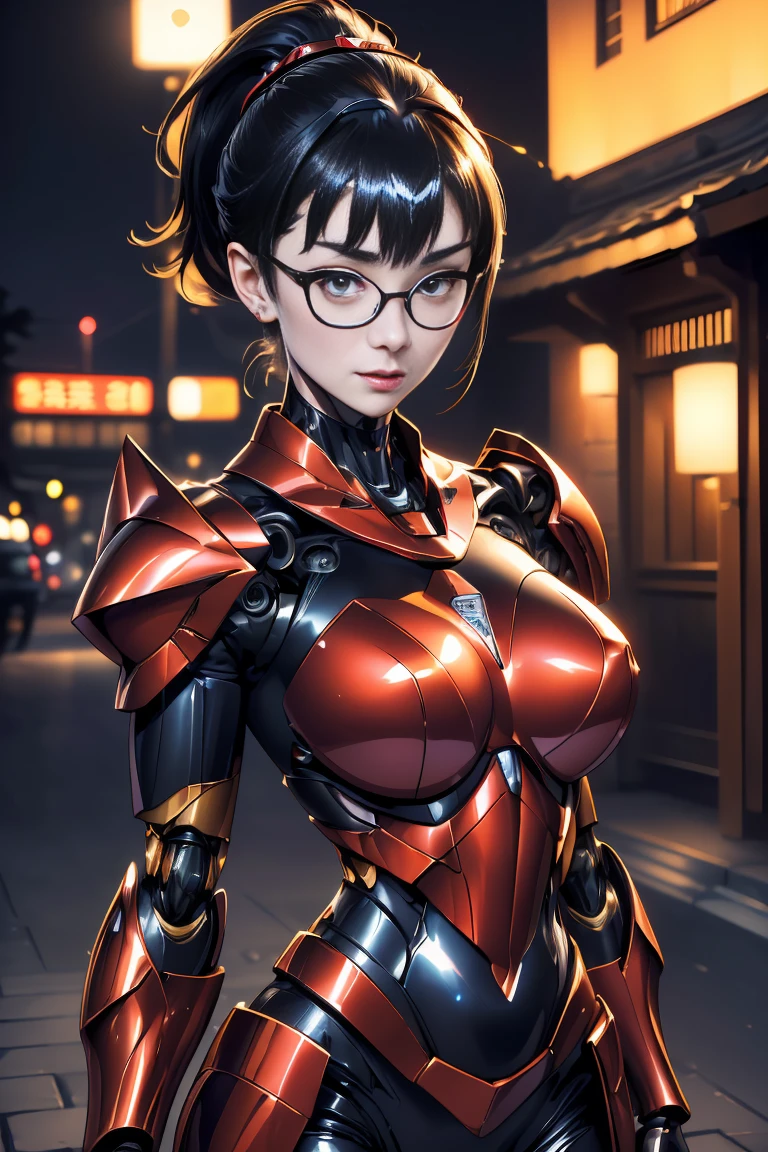 (1mecha girl:1.3, solo), (Audrey Hepburn:1.3), (a extremely pretty and beautiful Japanese woman), (sexy girl), (professional attire:1.3), (22 years old: 1.1), (walking on red carpet:1.3), (attractive random posing:1.3), (in the night royal party:1.3), (looking straight at you:1.3), (starring at you:1.3), (front view:1.3),  break, (ponytail:1.3), (shiny-black thin hair:1.2), bangs, dark brown eyes, beautiful eyes, princess eyes, (big eyes:1.3), bangs, wearing a glasses:1.3, Hair between eyes, short hair:1.3, (slender:1.1), (small-medium-breasts:0.95), (thin waist: 1.15), (detailed beautiful girl: 1.4), Parted lips, Red lips, full-make-up face, (shiny skin), ((Perfect Female Body)), (upper body image:1.3), Perfect Anatomy, Perfect Proportions, (most beautiful Korean actress face:1.3, extremely cute and beautiful Japanese actress face:1.3), BREAK, (View viewer, wearing a lovely bitch coordinate, (insanely detailed shiny-red cyborg body armor:1.3), (mecha cyborg armor:1.3), (pin-heels:1.3), detailed clothes, BREAK, (detailed royal night party background:1.2), (dark background), (Studio soft lighting: 1.3), (fake lights: 1.3), (backlight: 1.3), BREAK, (Realistic, Photorealistic: 1.37), (Masterpiece, Best Quality: 1.2), (Ultra High Resolution: 1.2), (RAW Photo: 1.2), (Sharp Focus: 1.3), (Face Focus: 1.2), (Ultra Detailed CG Unified 8k Wallpaper: 1.2), (Beautiful Skin: 1.2), (pale Skin: 1.3), (Hyper Sharp Focus: 1.5), (Ultra Sharp Focus: 1.5), (Beautiful pretty face: 1.3), (super detailed background, detail background: 1.3), Ultra Realistic Photo, Hyper Sharp Image, Hyper Detail Image,, full body shot, gigantic breasts