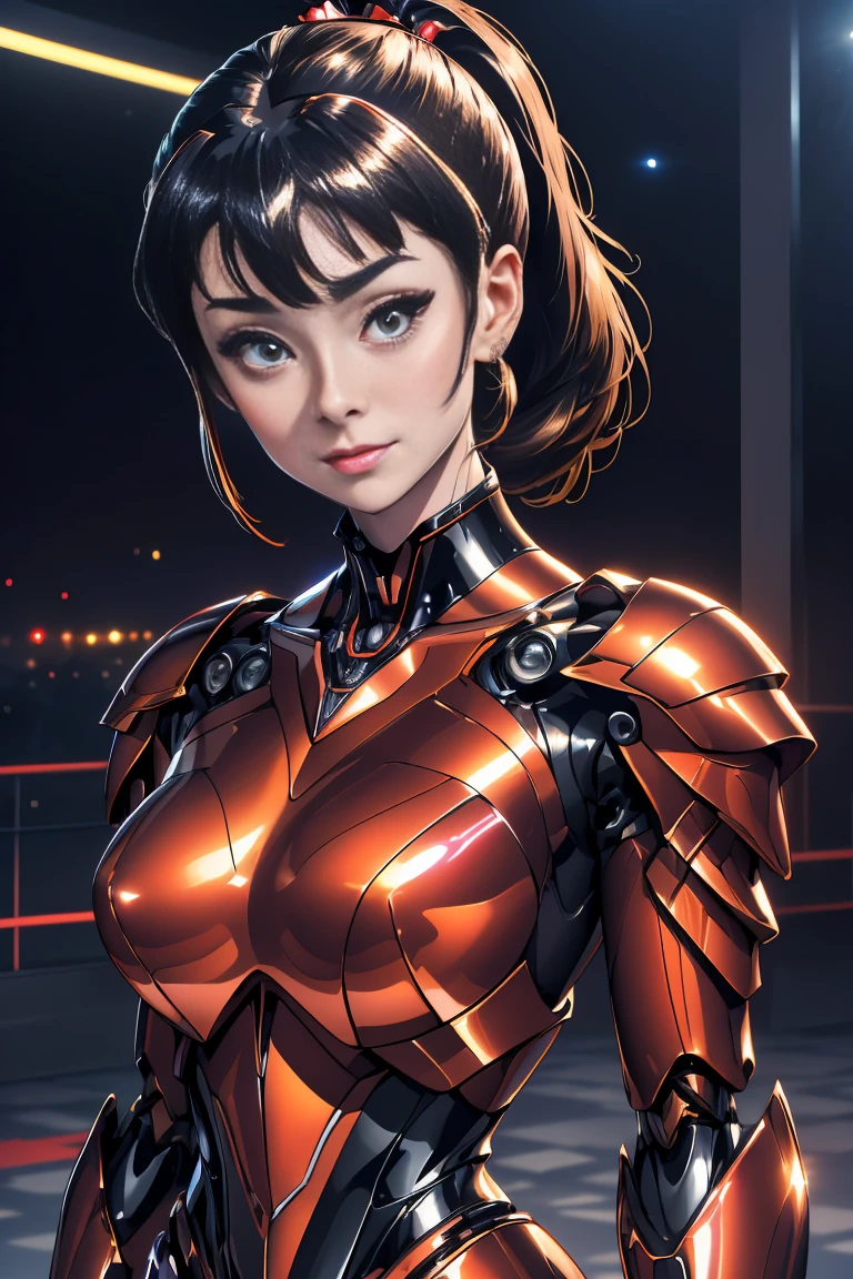 (1mecha girl:1.3, solo), (Audrey Hepburn:1.3), (a extremely pretty and beautiful Japanese woman), (sexy girl), (professional attire:1.3), (22 years old: 1.1), (walking on red carpet:1.3), (attractive random posing:1.3), (in the night royal party:1.3), (looking straight at you:1.3), (starring at you:1.3), (front view:1.3), break, (ponytail:1.3), (shiny-black thin hair:1.2), bangs, dark brown eyes, beautiful eyes, princess eyes, (big eyes:1.3), bangs, wearing a glasses:1.3, Hair between eyes, short hair:1.3, (slender:1.1), (small-medium-breasts:0.95), (thin waist: 1.15), (detailed beautiful girl: 1.4), Parted lips, Red lips, full-make-up face, (shiny skin), ((Perfect Female Body)), (upper body image:1.3), Perfect Anatomy, Perfect Proportions, (most beautiful Korean actress face:1.3, extremely cute and beautiful Japanese actress face:1.3), BREAK, (View viewer, wearing a lovely bitch coordinate, (insanely detailed shiny-red cyborg body armor:1.3), (mecha cyborg armor:1.3), (pin-heels:1.3), detailed clothes, BREAK, (detailed royal night party background:1.2), (dark background), (Studio soft lighting: 1.3), (fake lights: 1.3), (backlight: 1.3), BREAK, (Realistic, Photorealistic: 1.37), (Masterpiece, Best Quality: 1.2), (Ultra High Resolution: 1.2), (RAW Photo: 1.2), (Sharp Focus: 1.3), (Face Focus: 1.2), (Ultra Detailed CG Unified 8k Wallpaper: 1.2), (Beautiful Skin: 1.2), (pale Skin: 1.3), (Hyper Sharp Focus: 1.5), (Ultra Sharp Focus: 1.5), (Beautiful pretty face: 1.3), (super detailed background, detail background: 1.3), Ultra Realistic Photo, Hyper Sharp Image, Hyper Detail Image,, full body shot, gigantic breasts
