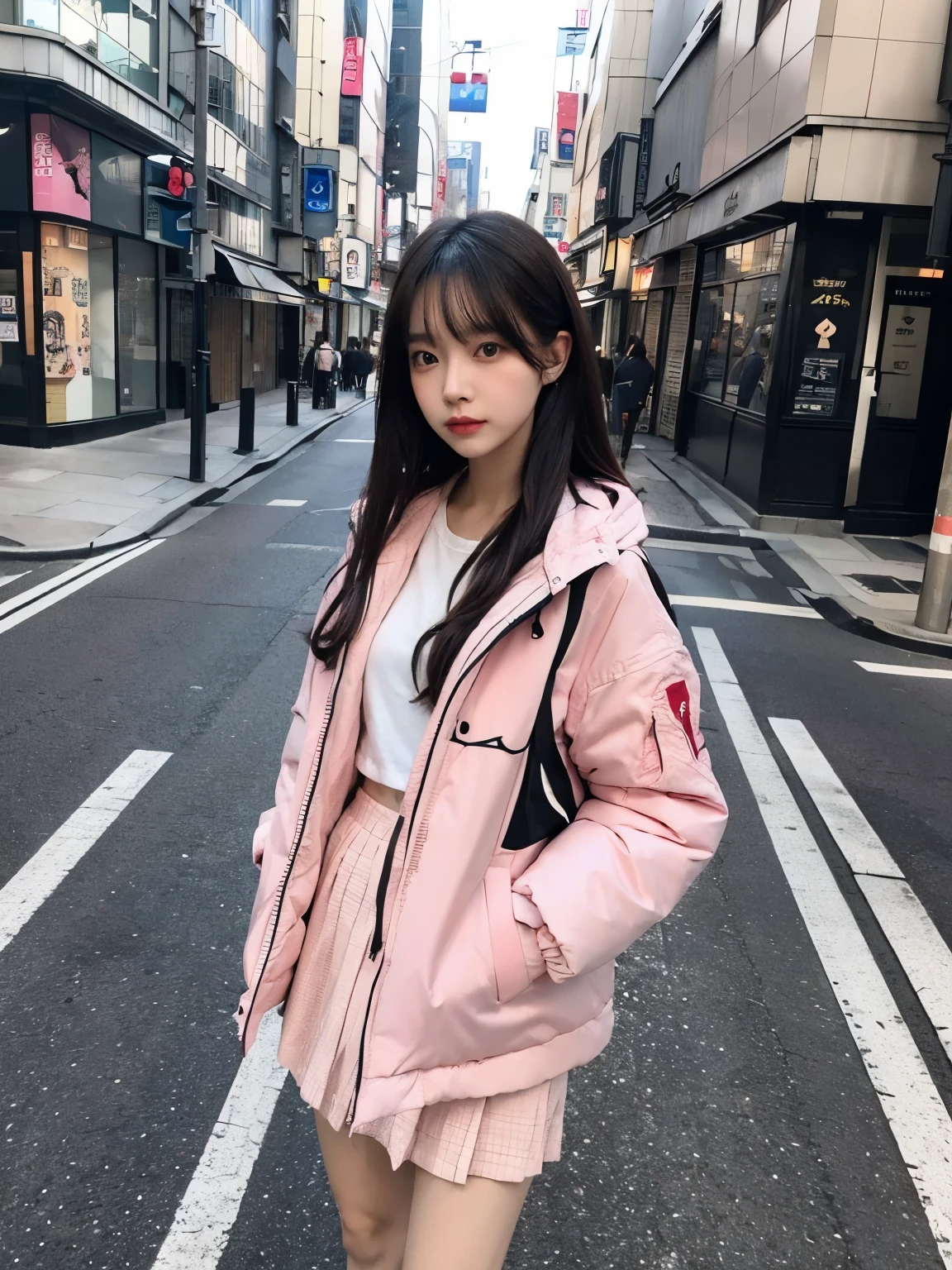 fullbody, (((wearing big pink Down jacket ))), wearing long pink skirt,// Bewitching eyes, well-balanced eyes, //street snap // ((facing viewer)), //at the street in tokyo, //japanese lady, pale skin, //droopy eyes,//long hair, //((standing)), high quality:1.3, Professional lighting:2.0 realistic:1.2, 4k resolution, detailed skin, masterpiece:1.1